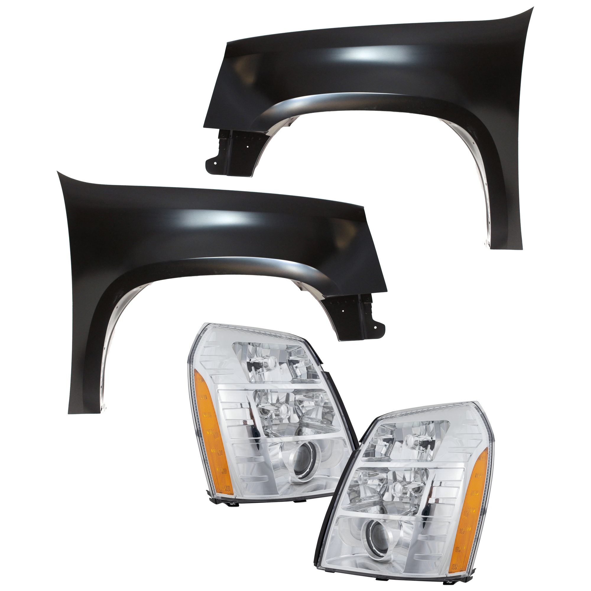 AM YUKON XL 1500-2500-07-09 HEAD LAMP RH AND LH 4 pc Kit includes Driver and Passenger Side Fender SKU KIT 013026-226 Partslink GM2502291 GM2503291 GM1241339 GM1240339 OEM 25897648-25897649-22977478-229