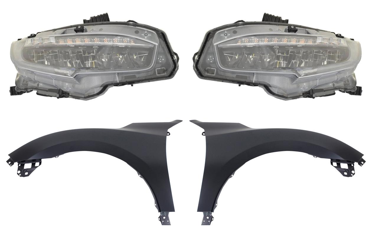 AM CIVIC 20-21 HEAD LAMP RH AND LH 4 pc Kit includes Driver and Passenger Side Fender CAPA SKU KIT 013026-227 Partslink HO1240195C HO1241195C HO2502199C HO2503199C OEM 33100TBAA23-33150TBAA23-60211T
