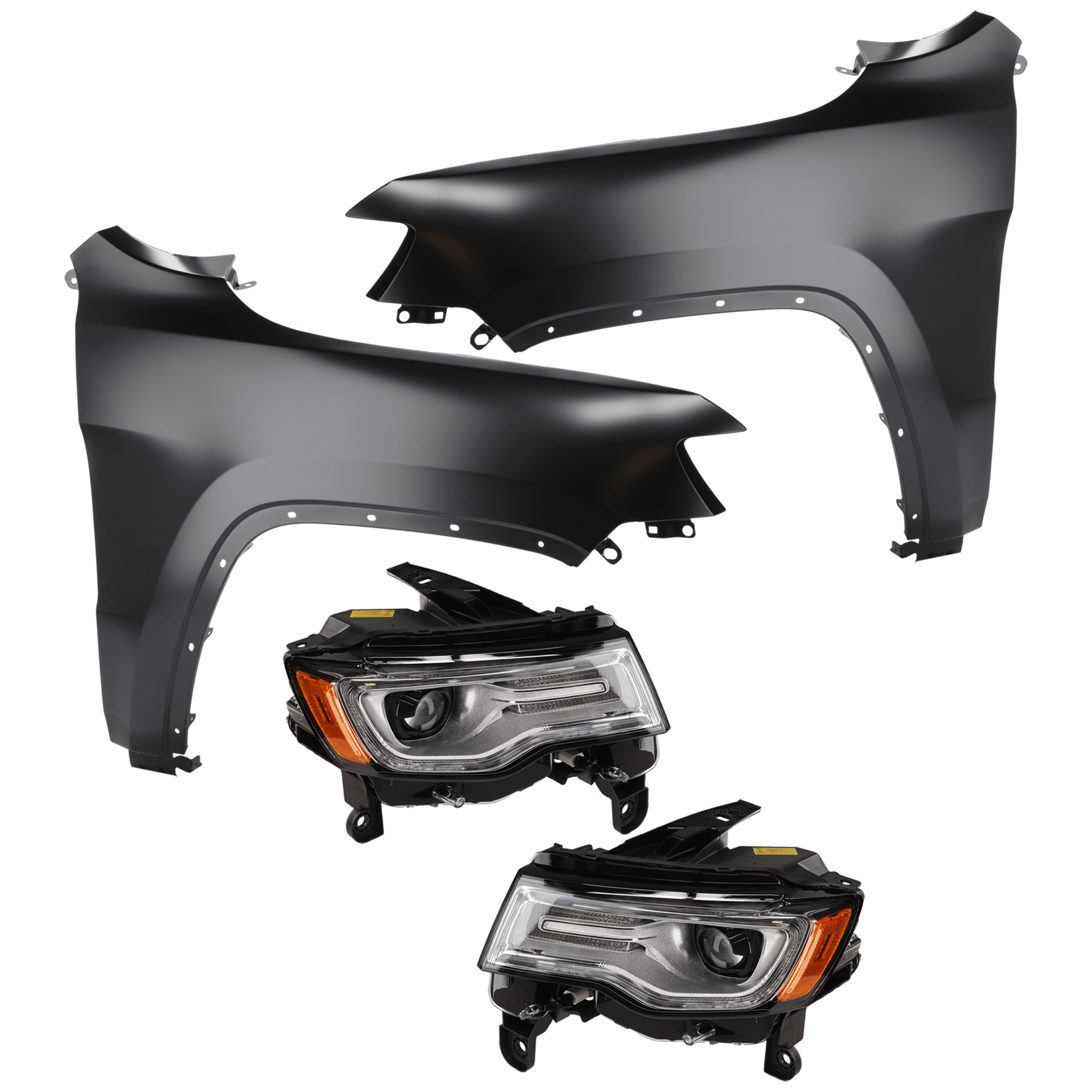AM GRAND CHEROKEE 17-21 HEAD LAMP RH AND LH 4 pc Kit includes Driver and Passenger Side Fender SKU KIT 013026-237 Partslink CH2502315 CH2503315 CH1241272 CH1240272 OEM 68266660AI 68266661AI 55369596