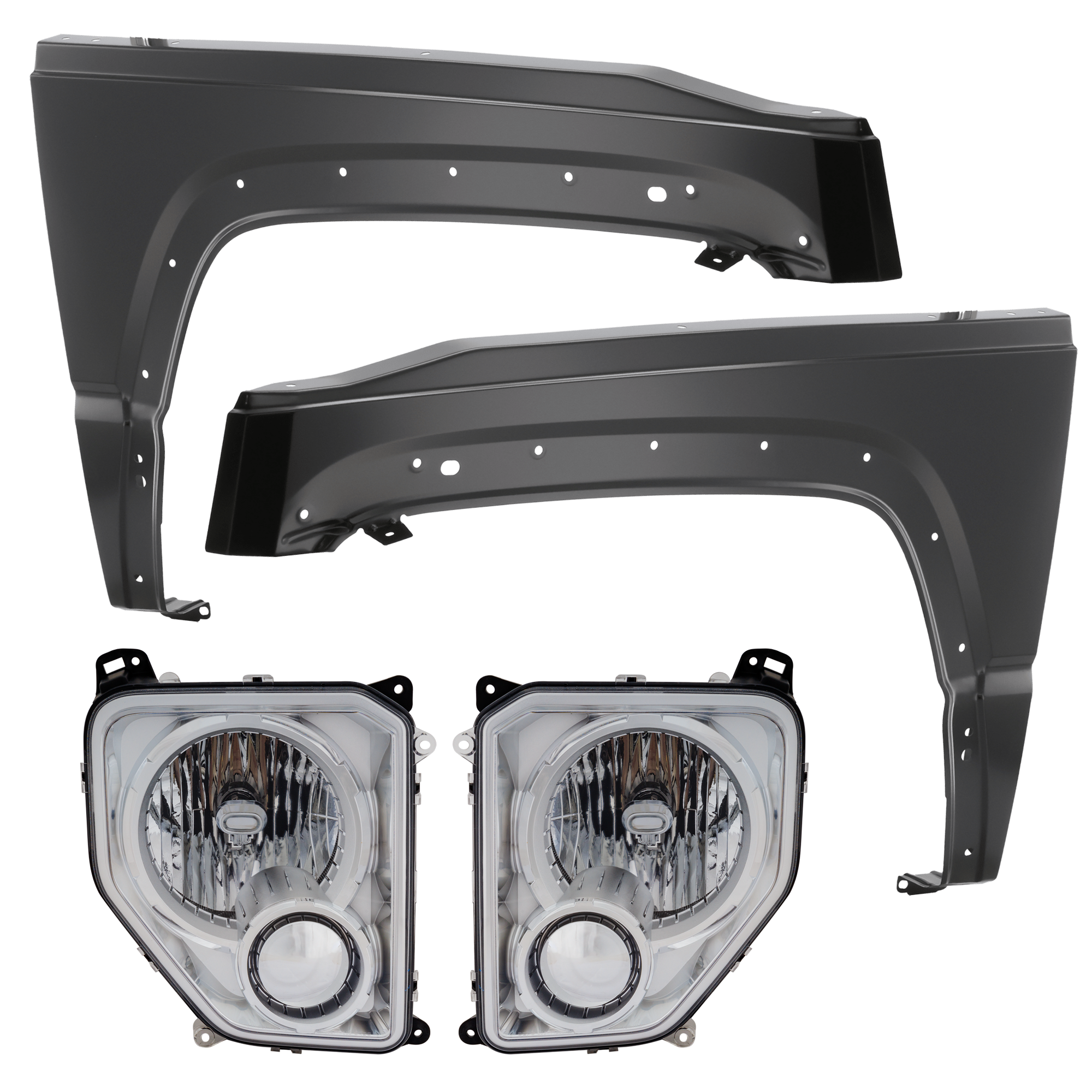 AM LIBERTY 08-12 HEAD LAMP RH AND LH 4 pc Kit includes Driver and Passenger Side Fender SKU KIT 013026-239 Partslink CH2502221 CH2503221 CH1241265 CH1240265 OEM 57010170AE PFM 57010171AE PFM