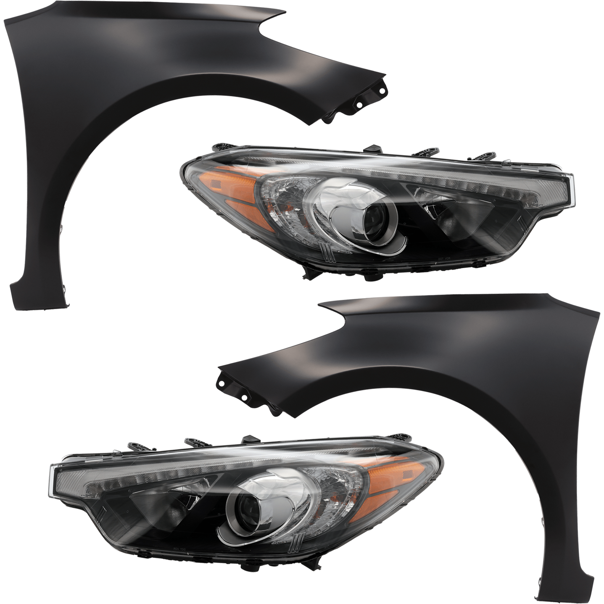 AM FORTE FORTE5-15-16 HEAD LAMP RH AND LH 4 pc Kit includes Driver and Passenger Side Fender SKU KIT 013026-240 Partslink KI2502200 KI2503200 KI1240138 KI1241138 OEM 92101A7221-92102A7221-66311A70