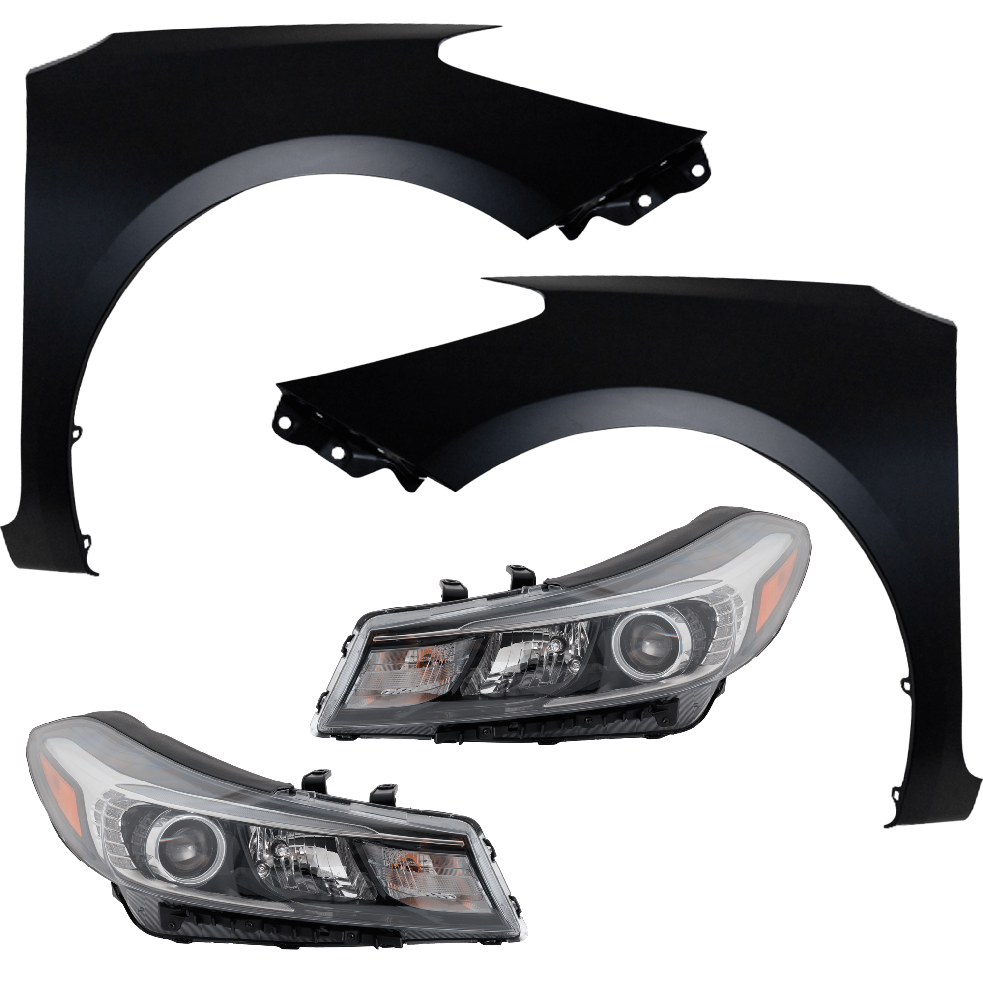 AM FORTE5-17-18 HEAD LAMP RH AND LH 4 pc Kit includes Driver and Passenger Side Fender CAPA SKU KIT 013026-241 Partslink KI1240138C KI1241138C KI2502217C KI2503217C OEM 66311A7000-66321A7000-92101A77