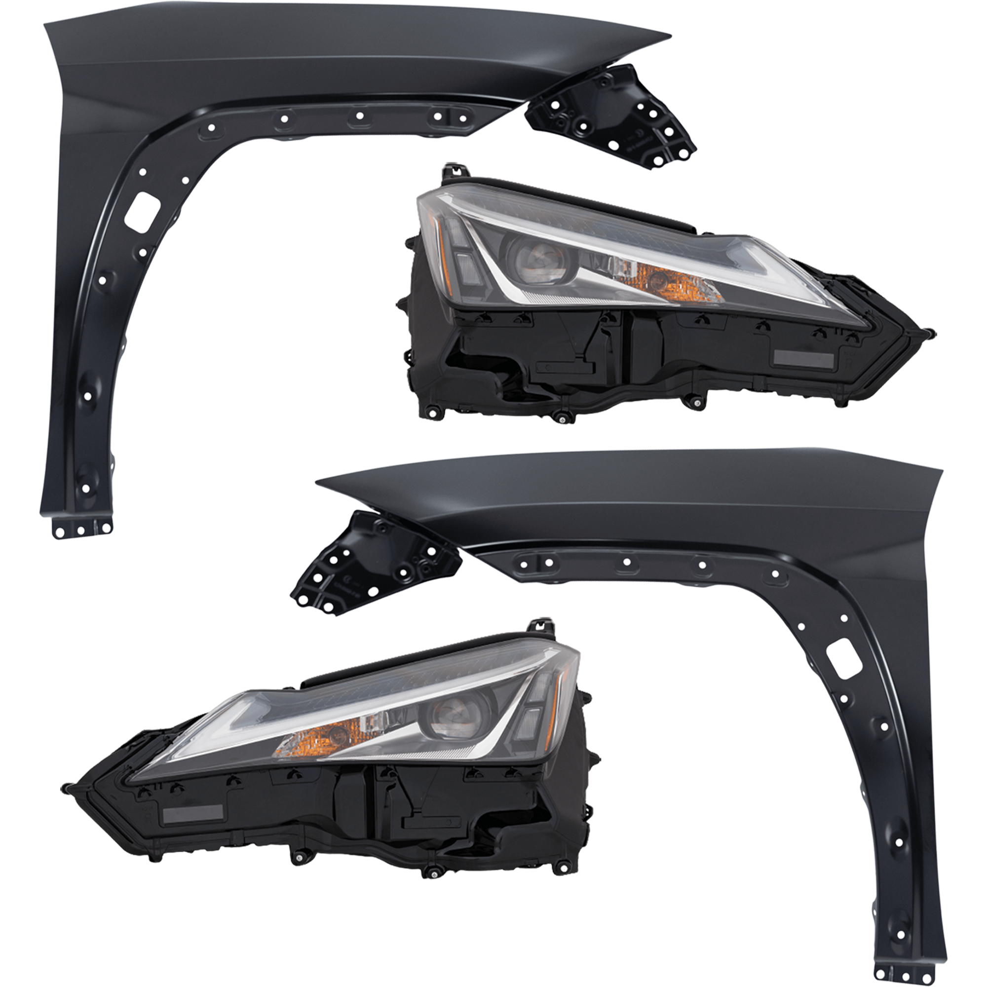 AM UX200 UX250H 19-22 HEAD LAMP RH AND LH 4 pc Kit includes Driver and Passenger Side Fender SKU KIT 013026-251 Partslink LX2502189 LX2503189 LX1241142 LX1240142 OEM 8114576231-8114576230-81185762
