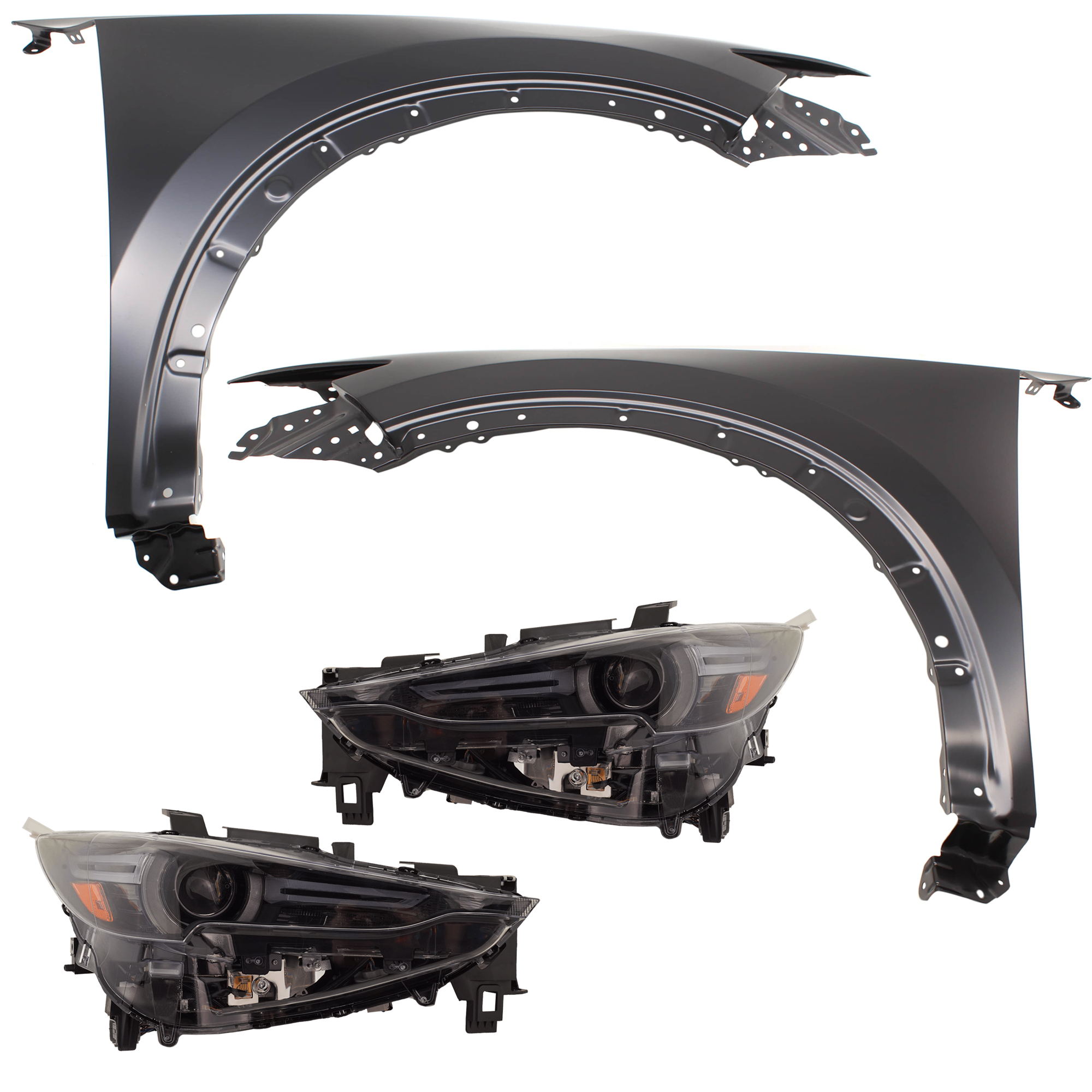 AM CX 5-17-20 HEAD LAMP RH AND LH 4 pc Kit includes Driver and Passenger Side Fender SKU KIT 013026-254 Partslink MA1240179 MA1241179 OEM KB7W52111 KB7W52211 KL2L51031C