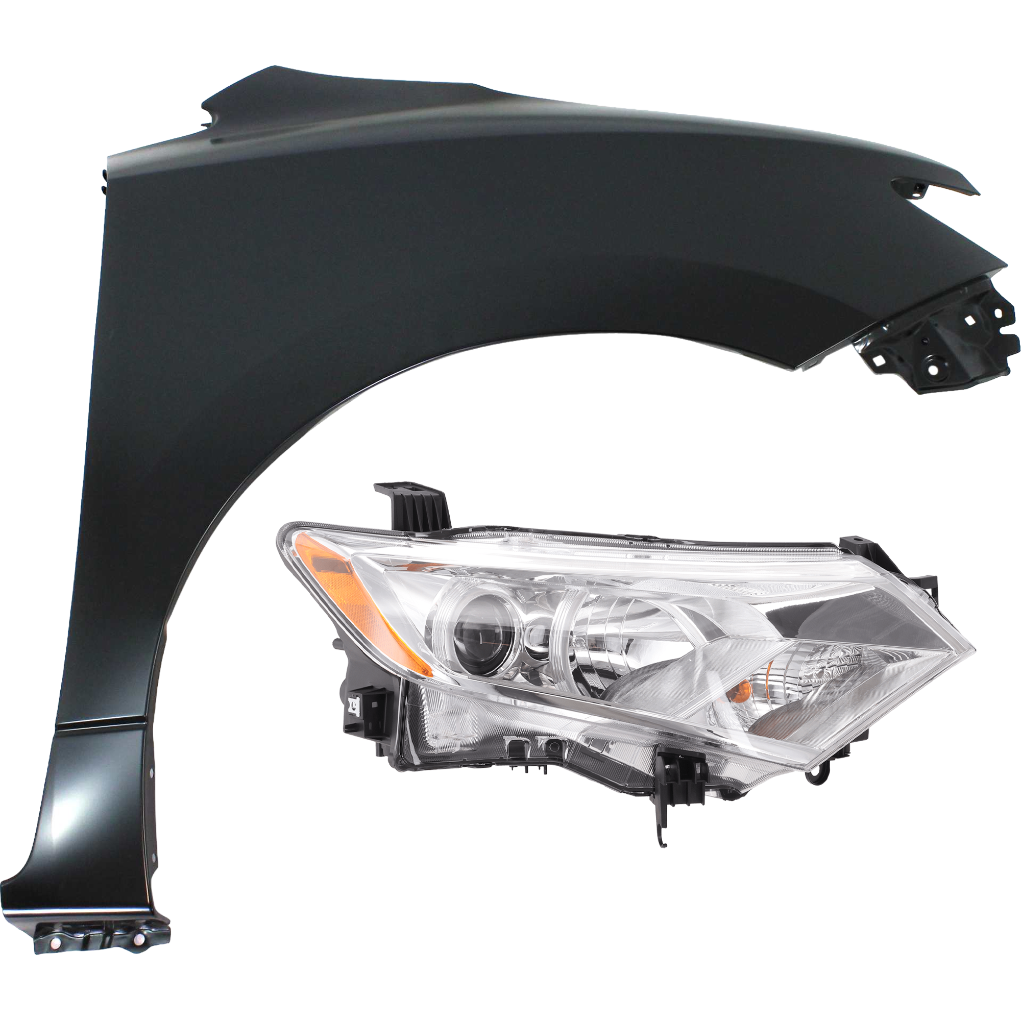 AM QUEST 12-17 HEAD LAMP RH 2 pc Kit includes Passenger Side Fender CAPA SKU KIT 013026-25 Partslink NI1241201C NI2503229C NI2503237C OEM 260101JA0B 260101JR0A 631001JA