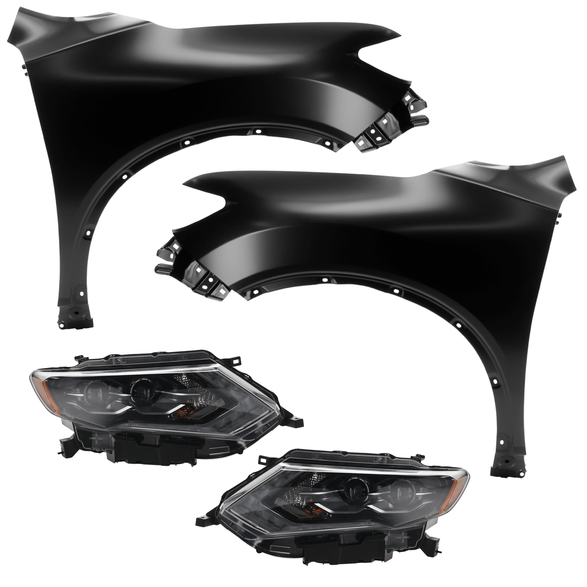 AM ROGUE 17-18 HEAD LAMP RH AND LH 4 pc Kit includes Driver and Passenger Side Fender CAPA SKU KIT 013026-264 Partslink NI1240212C NI1241212C NI2502256C NI2503256C OEM 260106FL6A 260606FL6A 631006FL