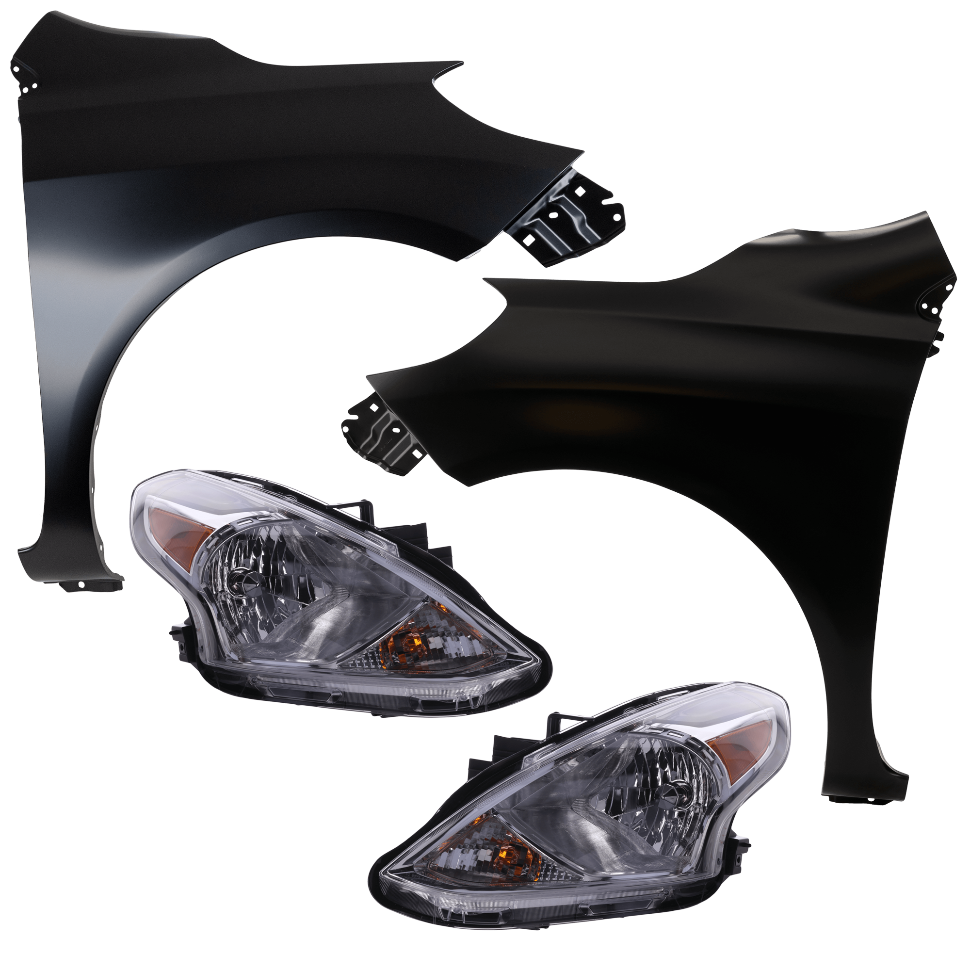 AM VERSA 15-19 HEAD LAMP RH AND LH 4 pc Kit includes Driver and Passenger Side Fender CAPA SKU KIT 013026-268 Partslink NI1240204C NI1241204C NI2502230C NI2503230C OEM 260109KK0A 260609KK0A FCA003BA