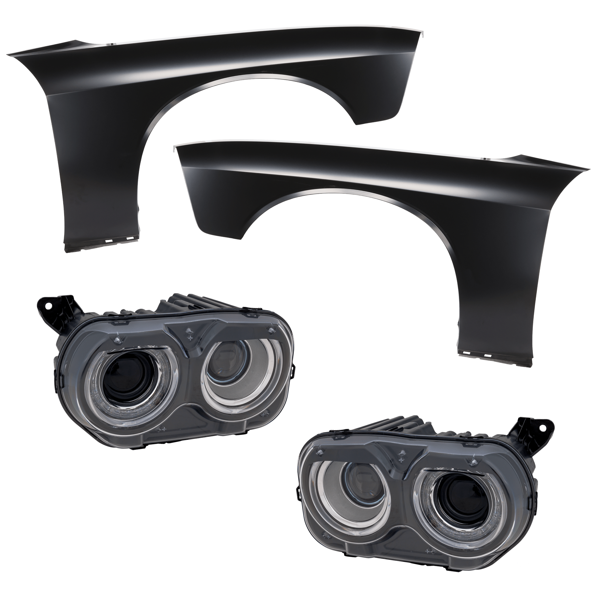 AM CHALLENGER 15-23 HEAD LAMP RH AND LH 4 pc Kit includes Driver and Passenger Side Fender CAPA SKU KIT 013026-298 Partslink CH1240285C CH1241285C CH2502267C CH2503267C OEM 68174064AG 68174064AF 68174065