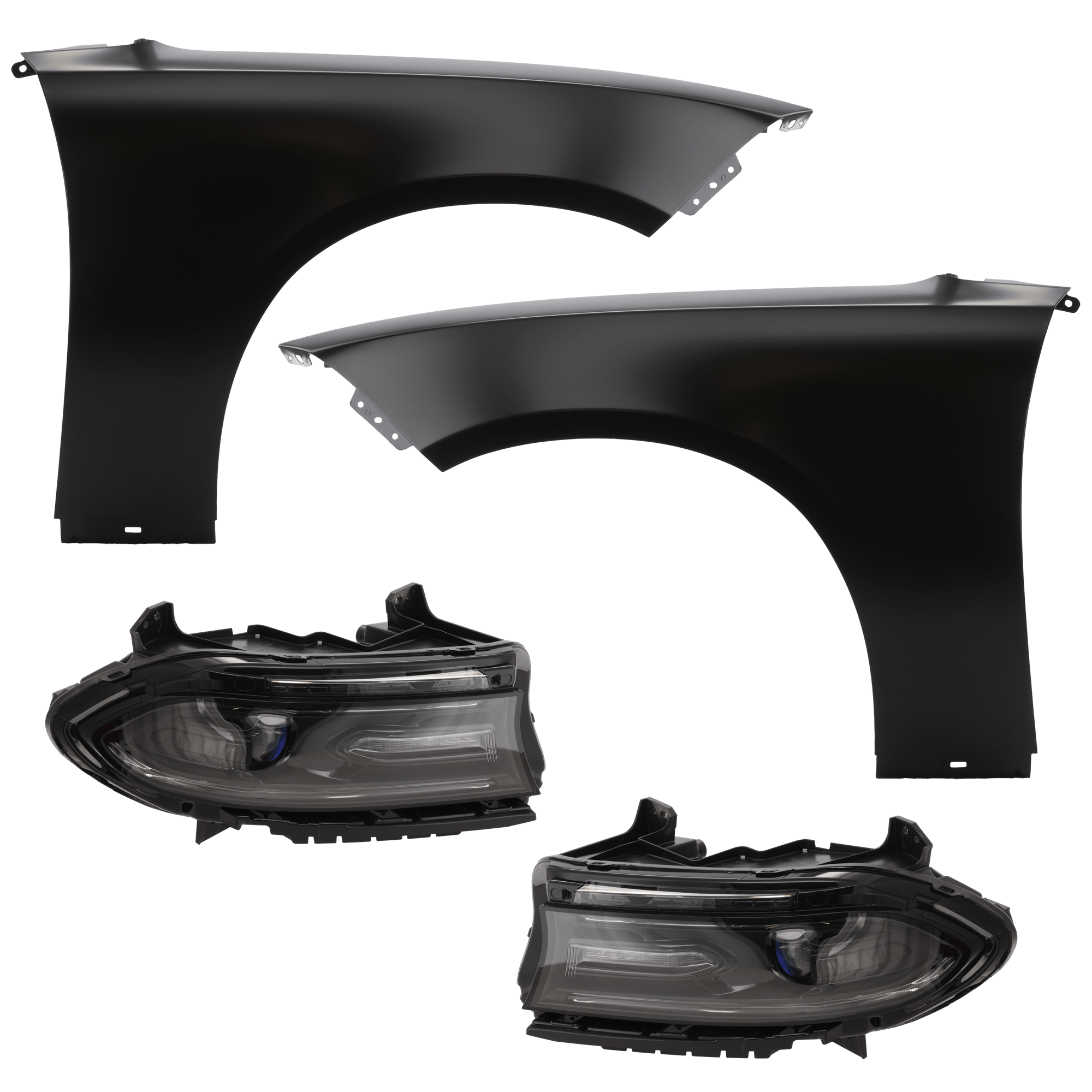AM CHARGER 15-16 HEAD LAMP RH AND LH 4 pc Kit includes Driver and Passenger Side Fender CAPA SKU KIT 013026-299 Partslink CH1240282C CH1241282C CH2502270C CH2503270C OEM 68213060AC 68213061AC 68214396