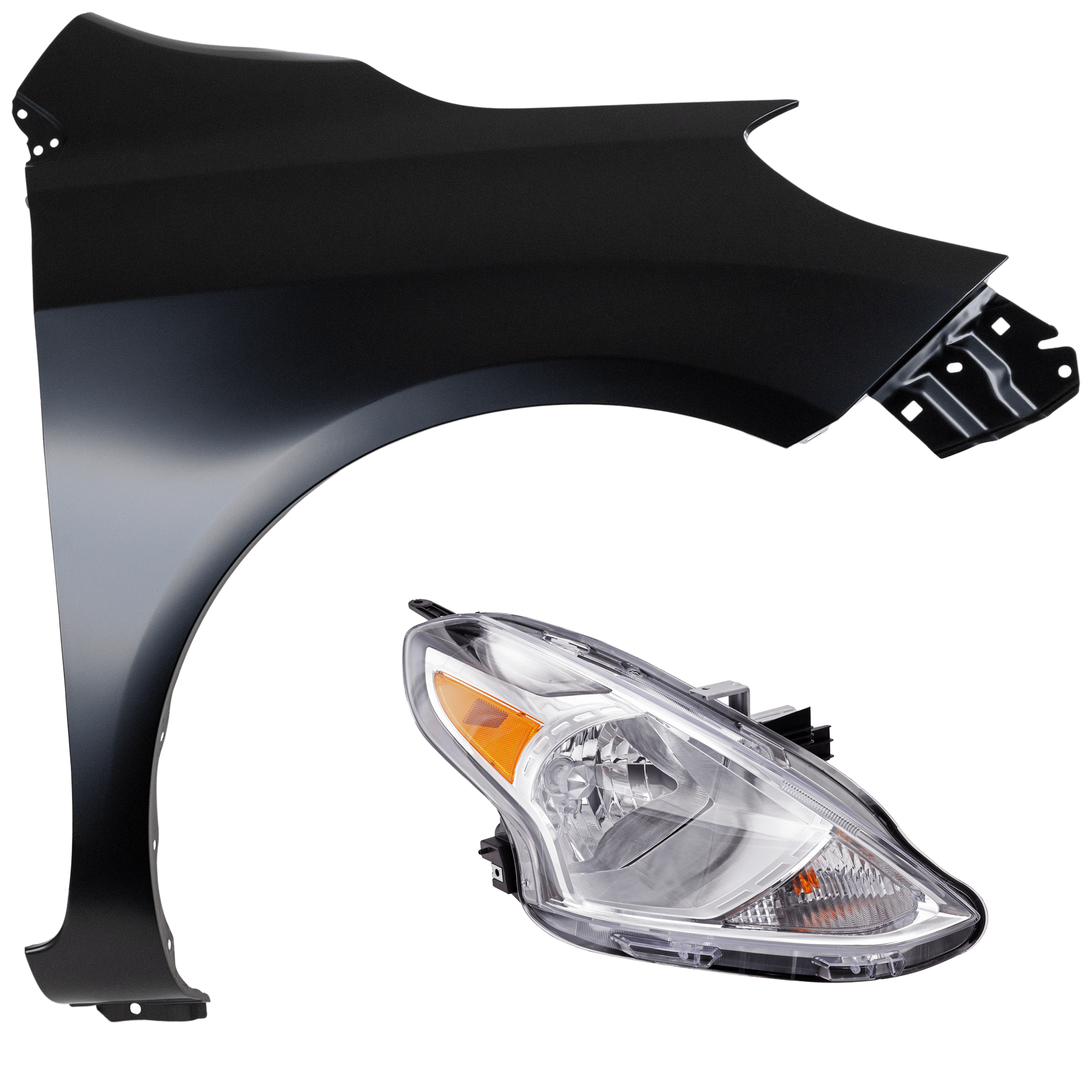 AM VERSA 15-19 HEAD LAMP RH 2 pc Kit includes Passenger Side Fender CAPA SKU KIT 013026-44 Partslink NI1241204C NI2503230C OEM 260109KK0A FCA003BAMC F31003BA