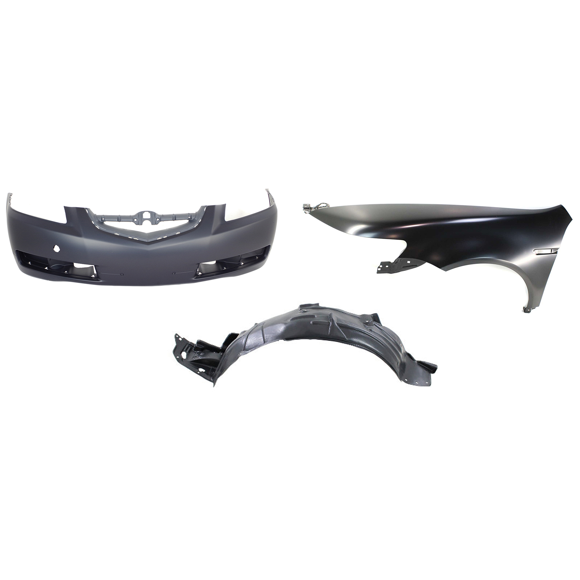 AM TL 04-06 FRONT BUMPER COVER 3 pc Kit Primed With Fog Light Holes Base Models with Fender and Fender Liner SKU KIT 013117-36 Partslink AC1000149 AC1240118 AC1248116 OEM 04711SEPA90ZZ 04630SEPA91ZZ 74