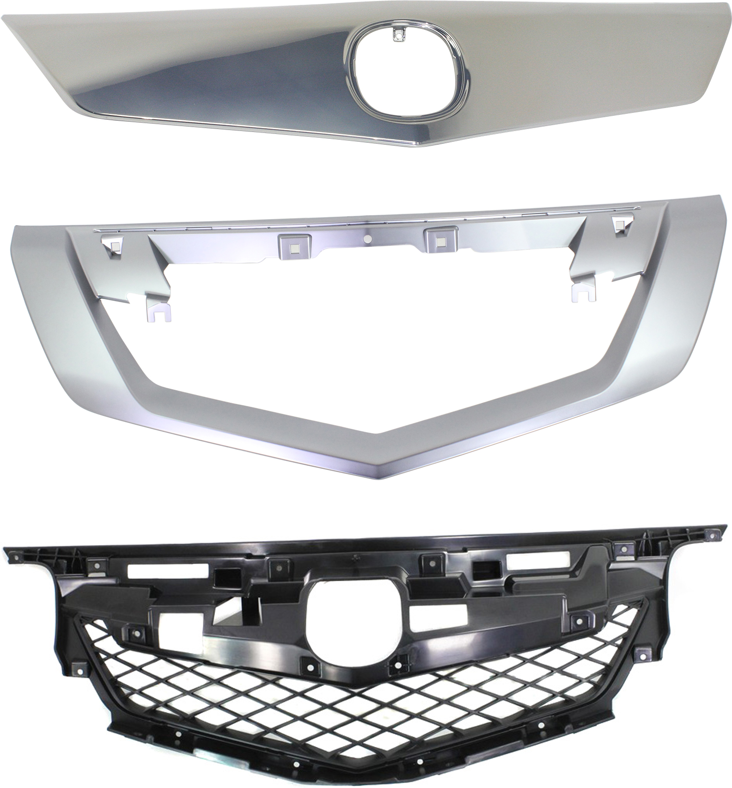 AM TL 09-11 GRILLE 3 pc Kit with Grille Reinforcement and Grille Trim SKU KIT 013117-71 Partslink AC1200114 AC1202100 AC1210114 OEM 75125TK4A01ZA 75101TK4A01ZA 75