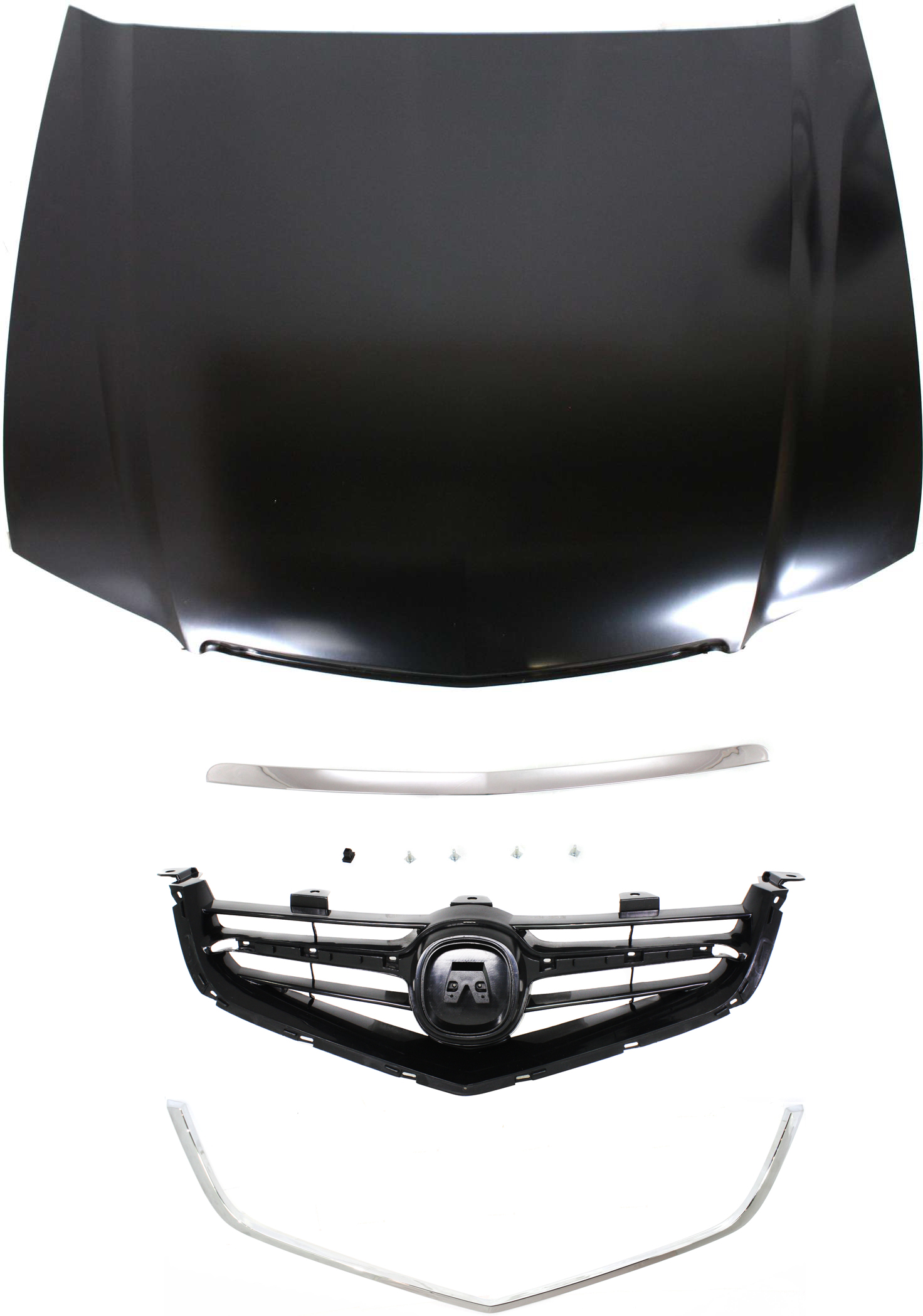 AM TSX 04-05 HOOD 4 pc Kit with Grille Grille Trim Hood and Hood Molding SKU KIT 013117-93 Partslink AC1230114 AC1200110 AC1210106 AC1235100 OEM 60100SEAA90ZZ 71121SECA01ZA 71