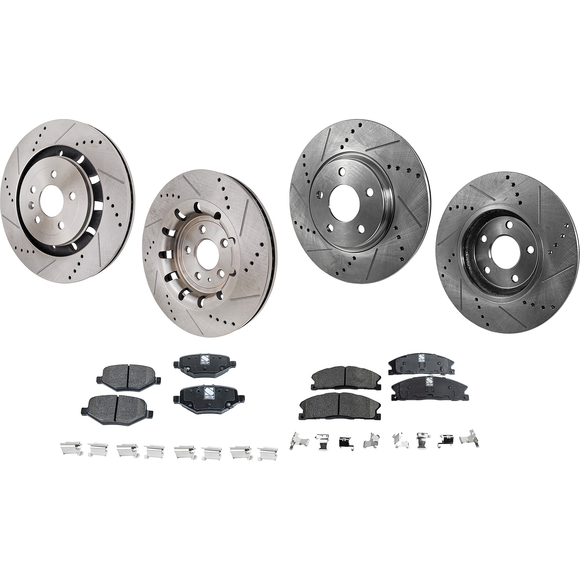 AM EXPLORER 13-14 TAURUS 13-15 FRONT AND REAR BRAKE DISC AND PAD KIT 4 Wheel Set Cross drilled and Slotted SKU KIT 013123-01 OEM 42-285-541-895-419-000-000-000-000