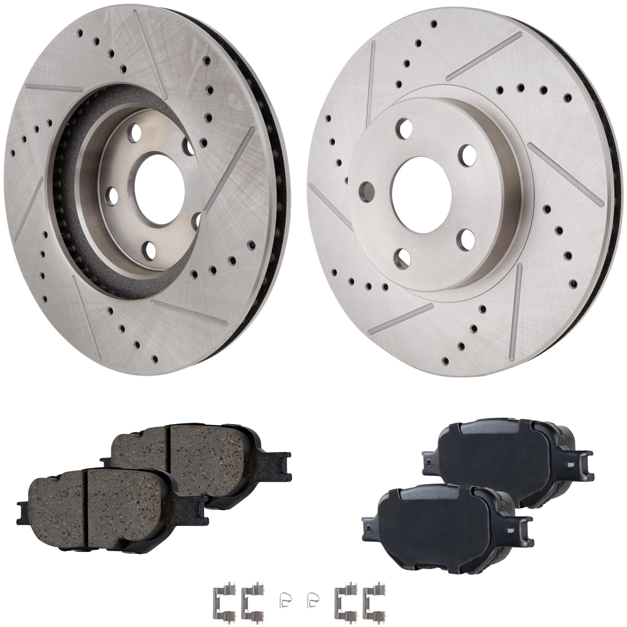 AM CELICA 00-05 TC 05-10 FRONT BRAKE DISC AND PAD KIT 4 pc Kit Cross drilled and Slotted SKU KIT 013123-19 OEM 19336-31270-77175-96934-107301