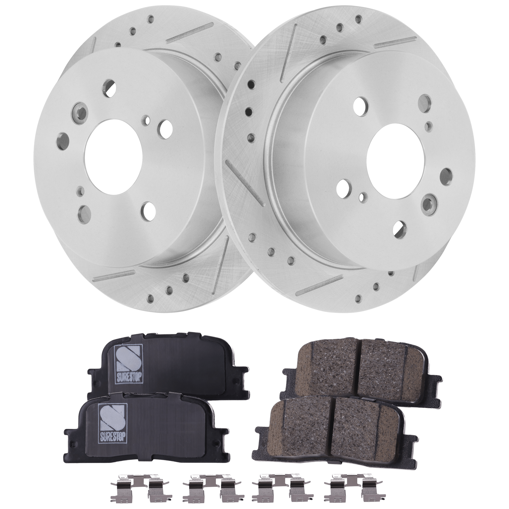AM CAMRY 02-06 REAR BRAKE DISC AND PAD KIT 4 pc kit Cross drilled and Slotted SKU KIT 013123-20 OEM 31322-145411-0832934-980076-48