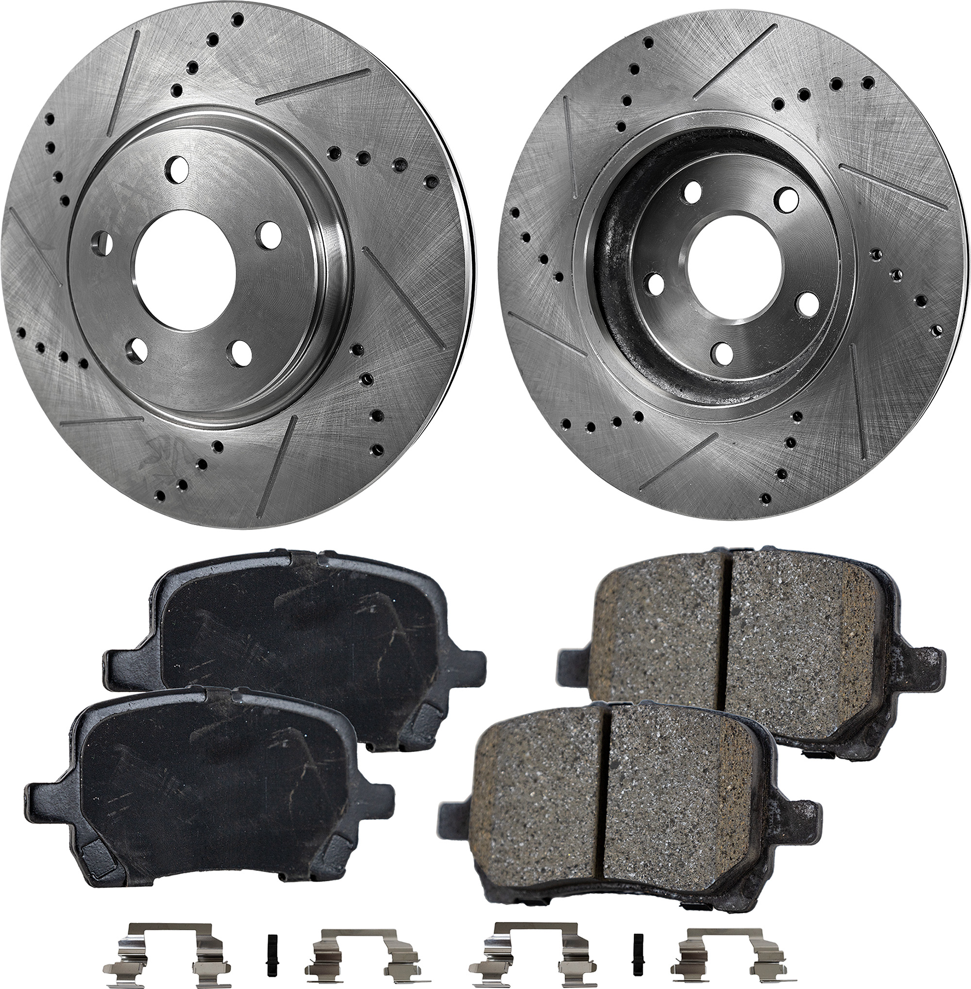 AM G6-10-10 MALIBU 09-12 FRONT BRAKE DISC AND PAD KIT 4 pc Kit Cross drilled and Slotted SKU KIT 013123-21 OEM 55093-60366-145528-493455-5801