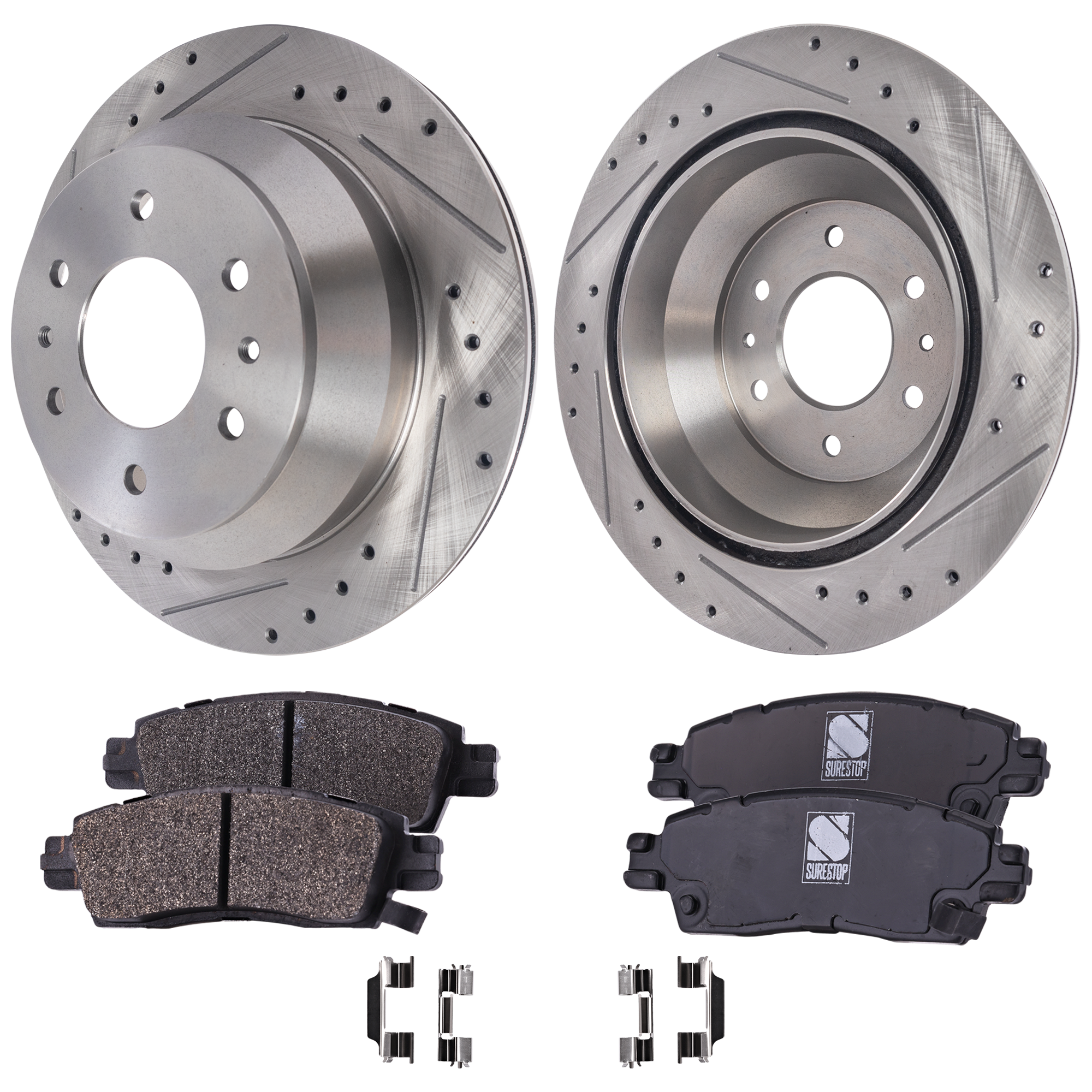 AM TRAILBLAZER ENVOY 02-09 REAR BRAKE DISC AND PAD KIT 4 pc Kit Cross drilled and Slotted SKU KIT 013123-22 OEM 19958-55073-101758-145314-1058