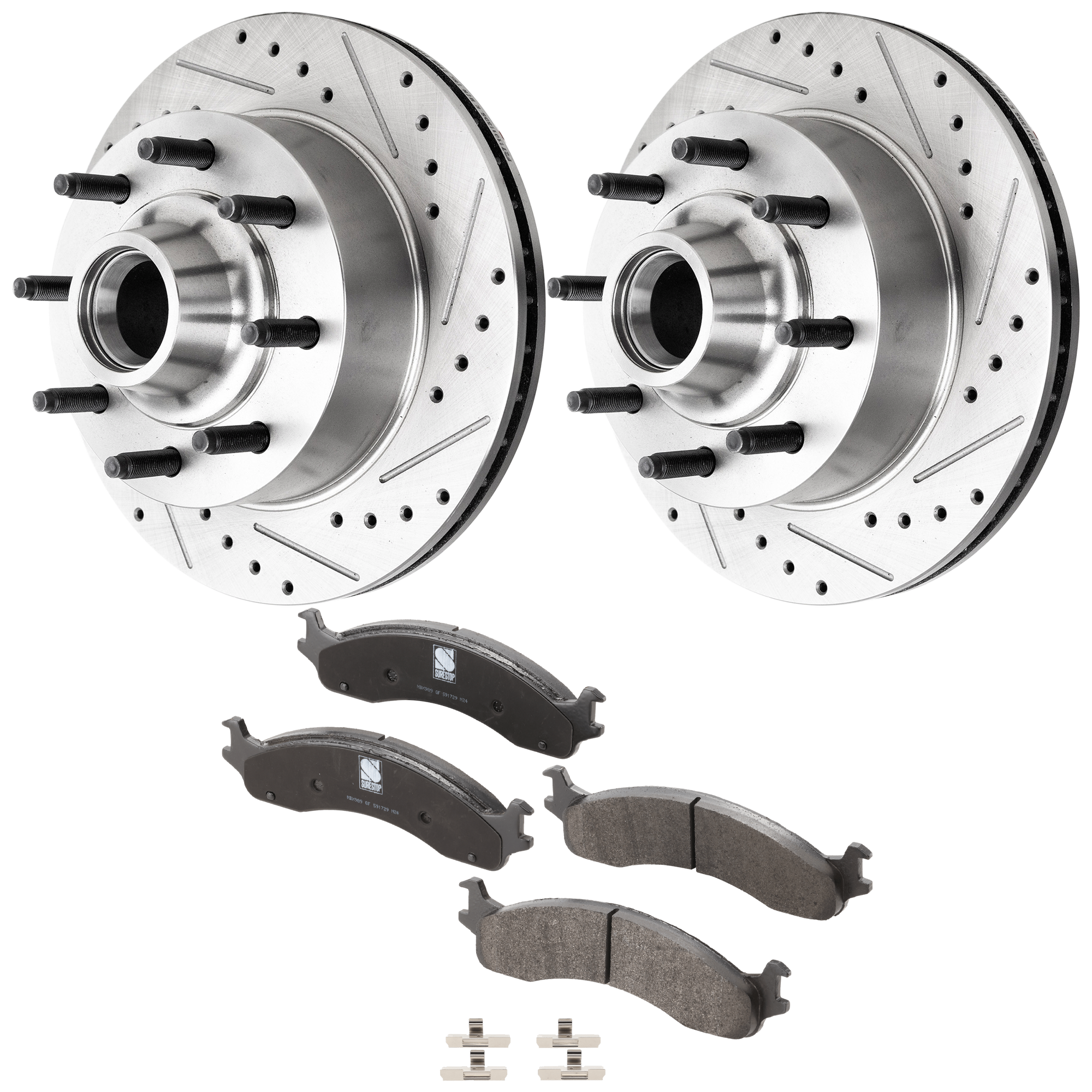 AM E 250 ECONOLINE 95-96 FRONT BRAKE DISC AND PAD KIT 4 pc kit Cross drilled and Slotted SKU KIT 013123-24 OEM 1320-19768-54021-65600-66527-8
