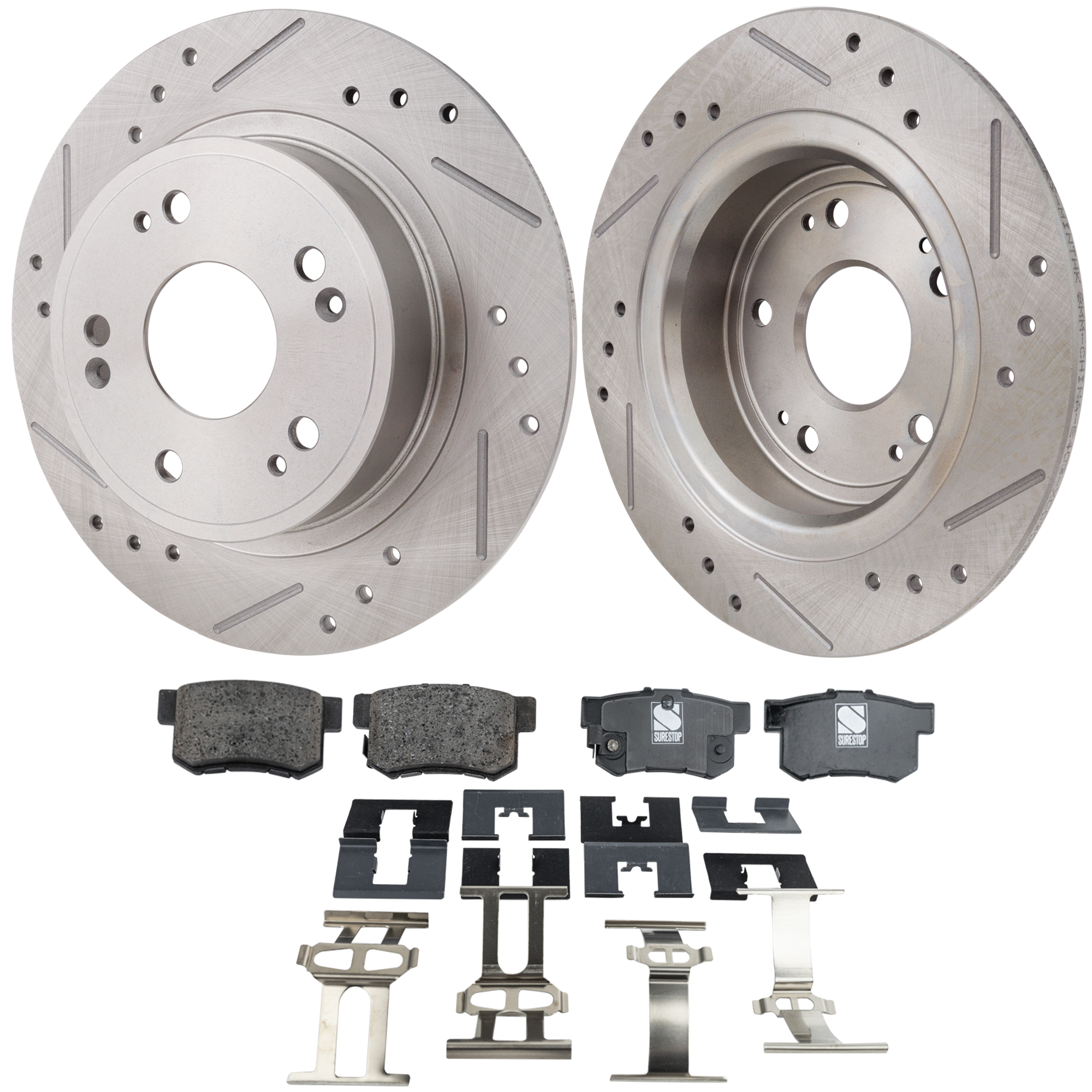 AM ACCORD 05-07 ILX 16-22 REAR BRAKE DISC AND PAD KIT 4 pc Kit Cross drilled and Slotted SKU KIT 013123-25 OEM 31479-44594-44763-0833159