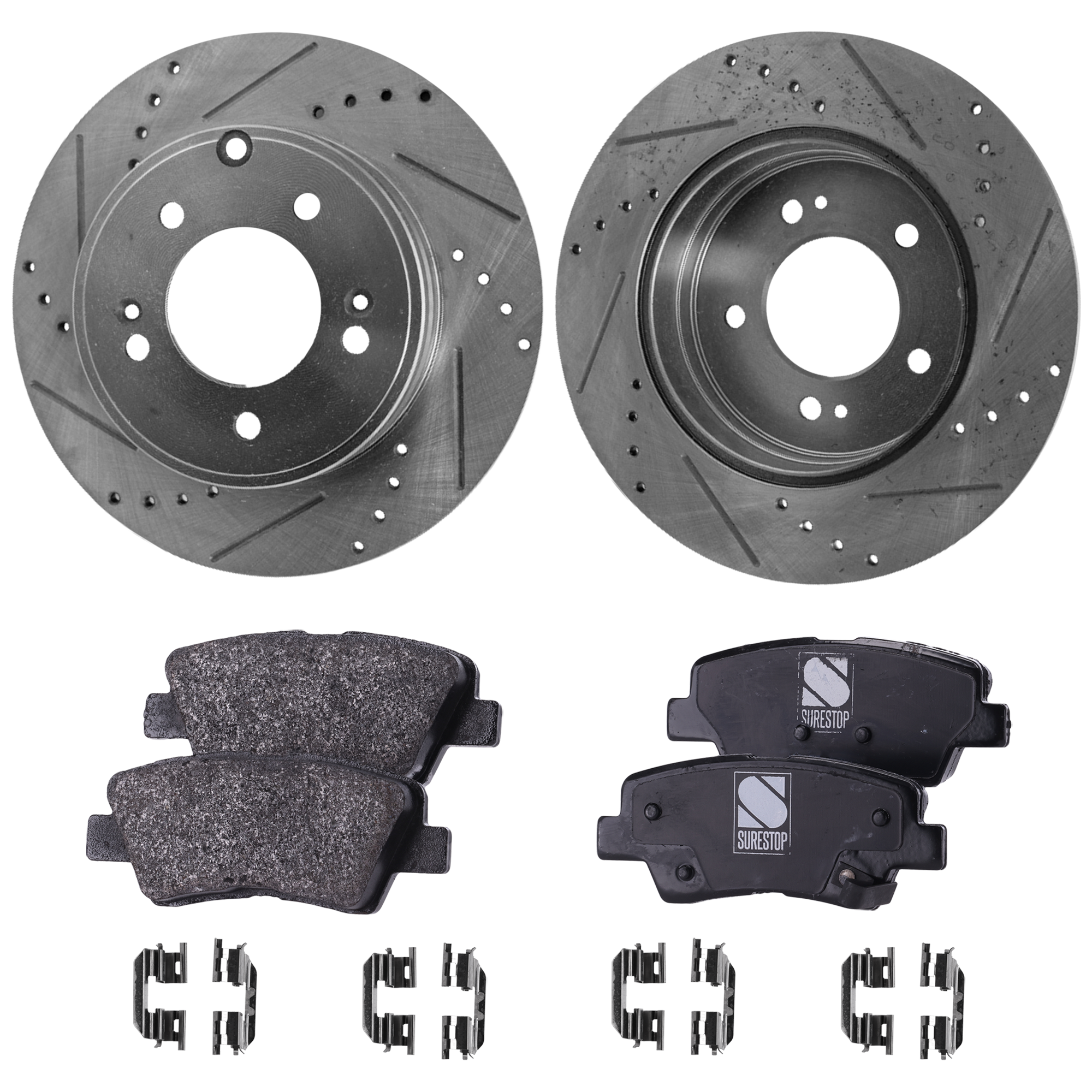 AM SONATA 11-15 AZERA 14-17 REAR BRAKE DISC AND PAD KIT 4 pc Kit Cross drilled and Slotted SKU KIT 013123-26 OEM 31424-31586-44625-0833180-9804