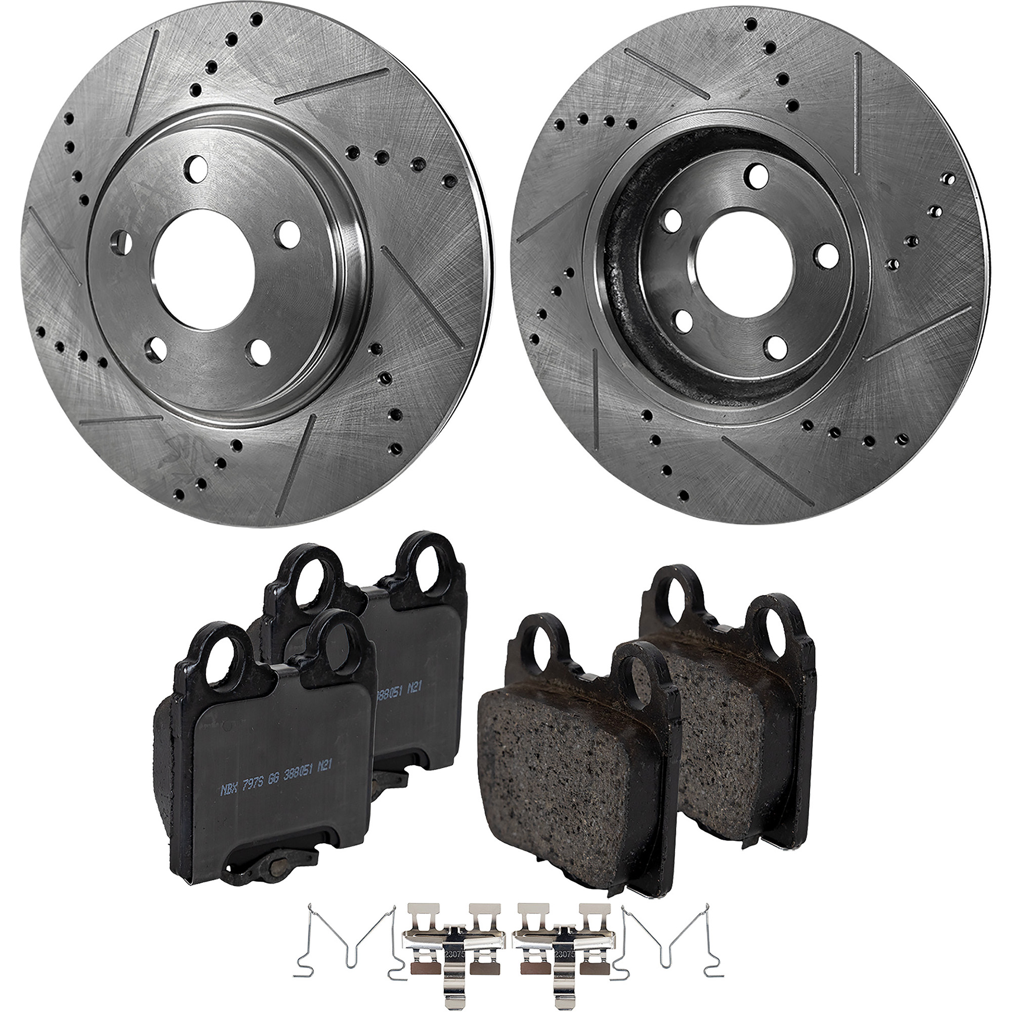 AM GS300-98-05 SC430-02-10 REAR BRAKE DISC AND PAD KIT 4 pc kit Cross drilled and Slotted SKU KIT 013123-28 OEM 31253-128227-145200-0832790-10