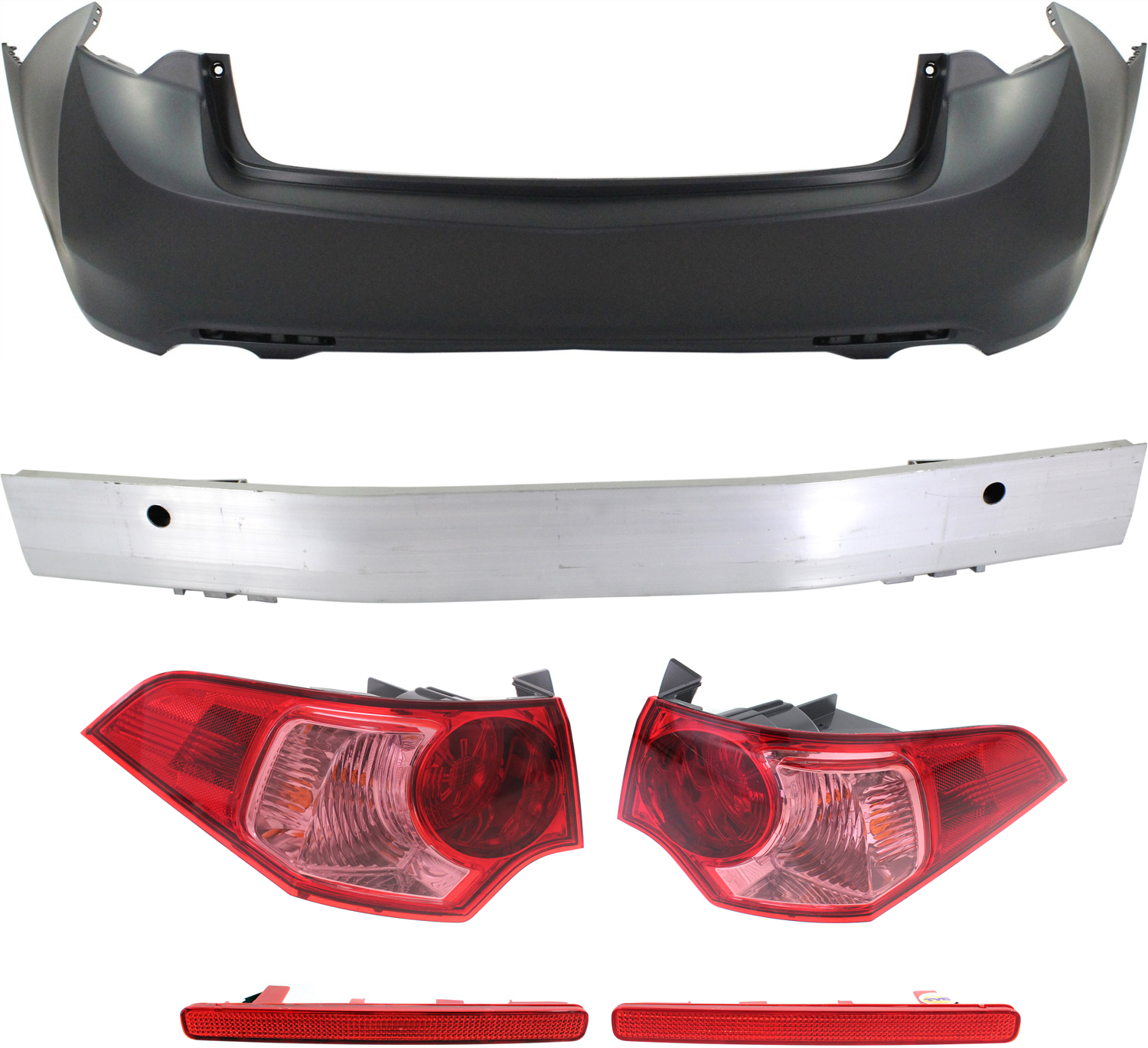 AM TSX 11-14 REAR REINFORCEMENT 6 pc kit with Bumper Cover Bumper Reflectors and Tail Lights SKU KIT 020117-21 Partslink AC1106135 AC1100156 AC1184100 AC1185100 AC2804100 AC2805100 OEM 71530TL2A00-04715TL0A90ZZ 3355