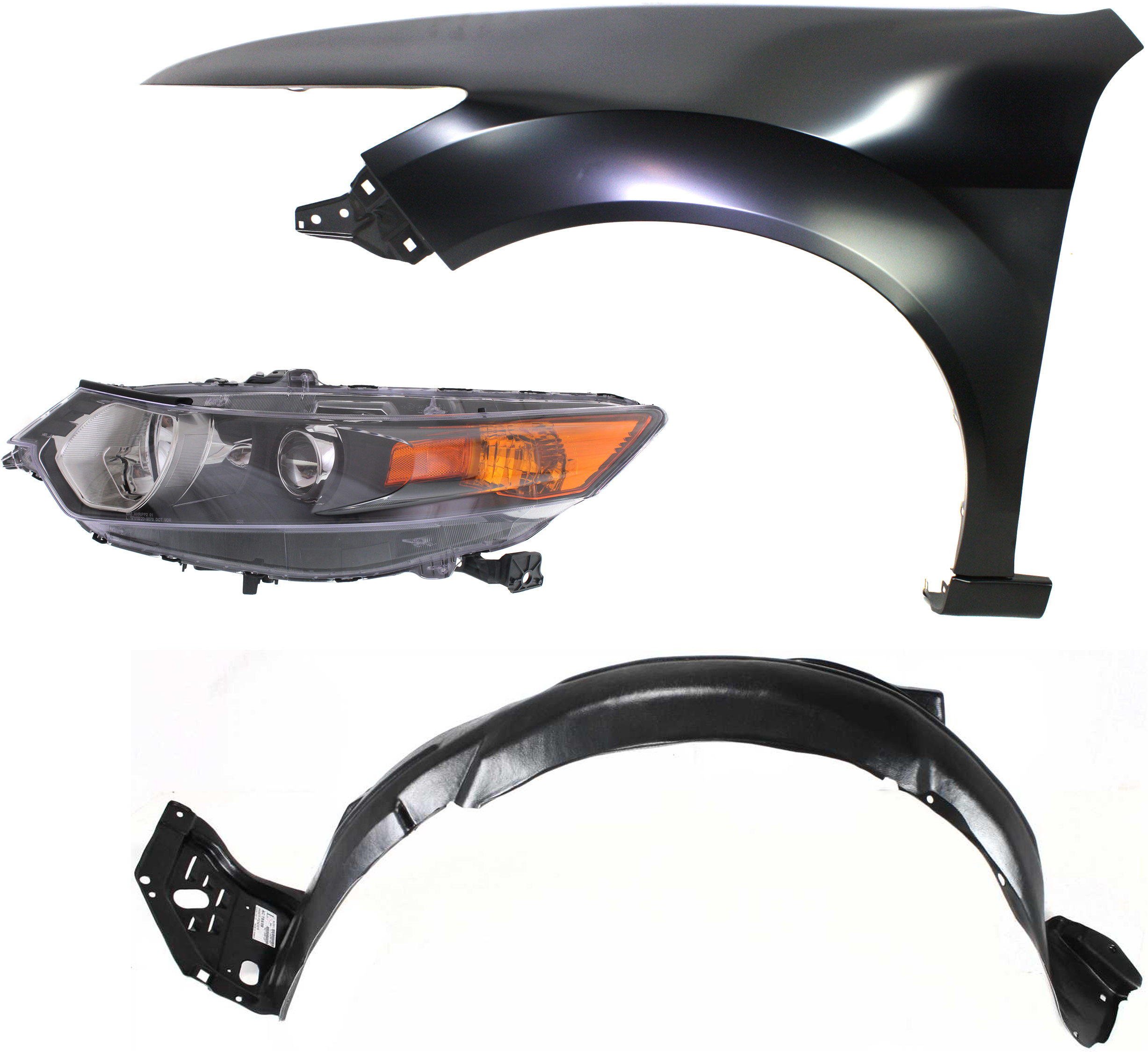 AM TSX 09-14 HEAD LAMP LH Lens and Housing HID Xenon w o HID Kit 3 pc Kit with Fender and Fender Liner SKU KIT 020117-38 Partslink AC2502118 AC1240120 AC1248124 OEM 33151TL0A02-60260TL0A91ZZ 7415