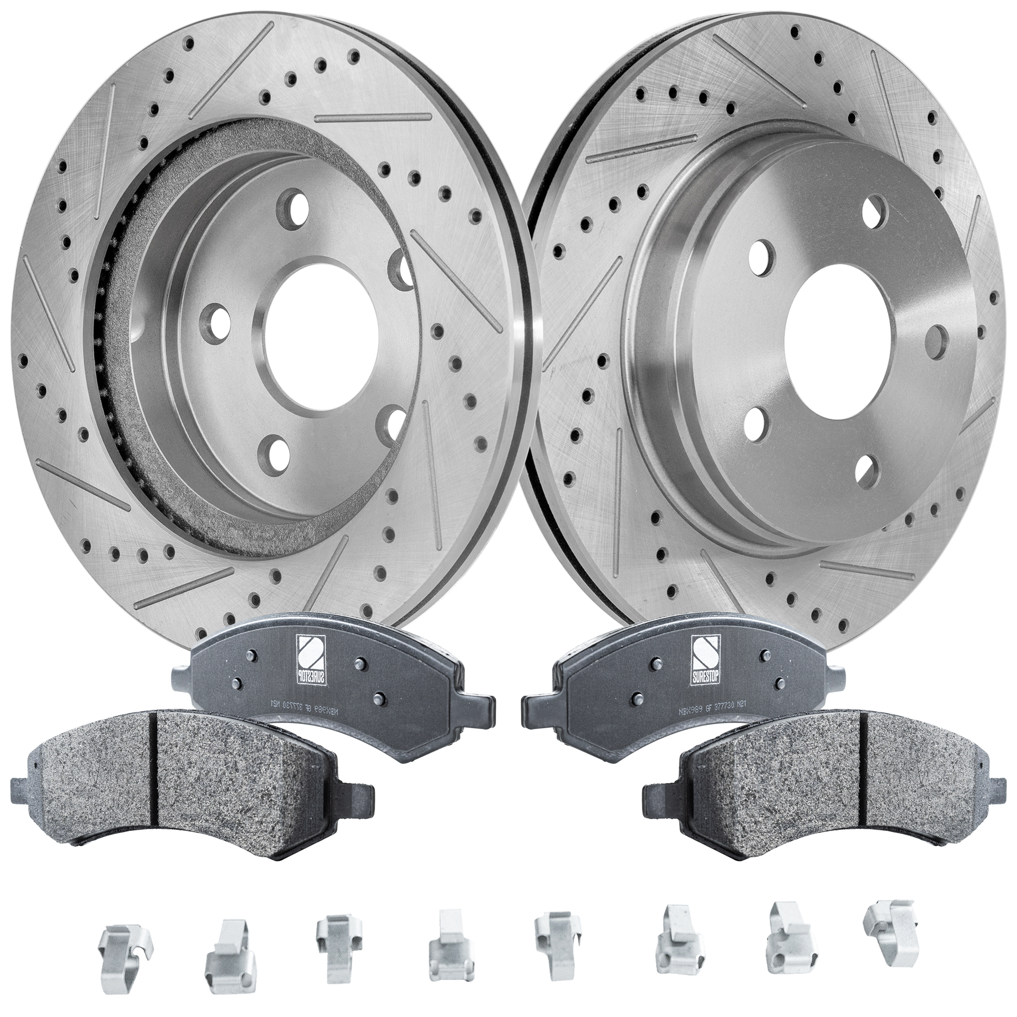 AM DURANGO 07-09 RAM 1500 P U 11-18 RAM 1500 CLASSIC 19-22 FRONT BRAKE DISC AND PAD KIT 4 pc Kit Cross drilled and Slotted SKU KIT 020123-02 OEM 2414-19966-53005-145381-491190