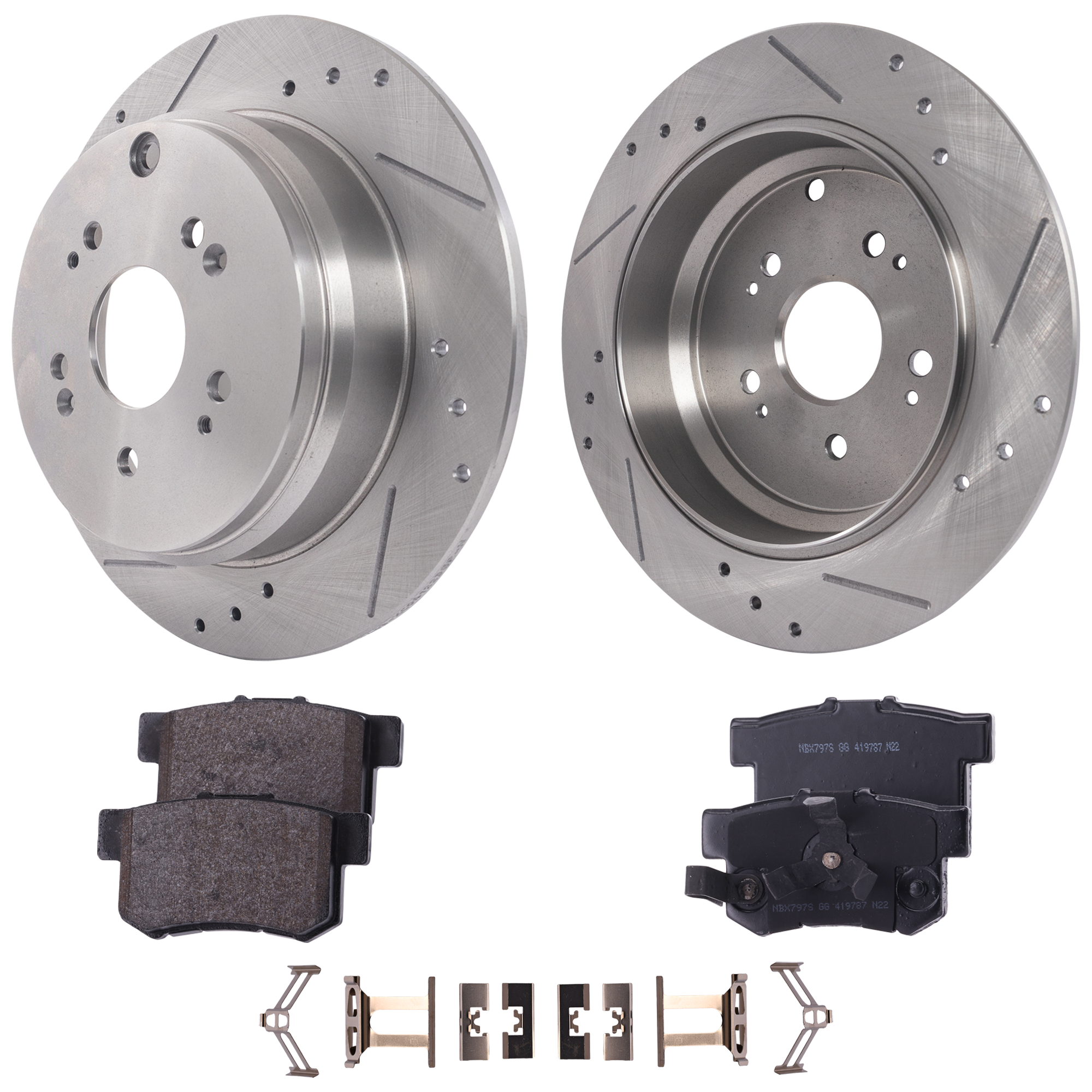 AM CR V 05-16 RDX 10-18 REAR BRAKE DISC AND PAD KIT 4 pc kit Cross drilled and Slotted SKU KIT 020123-09 OEM 19374-31372-44317-60432-145678