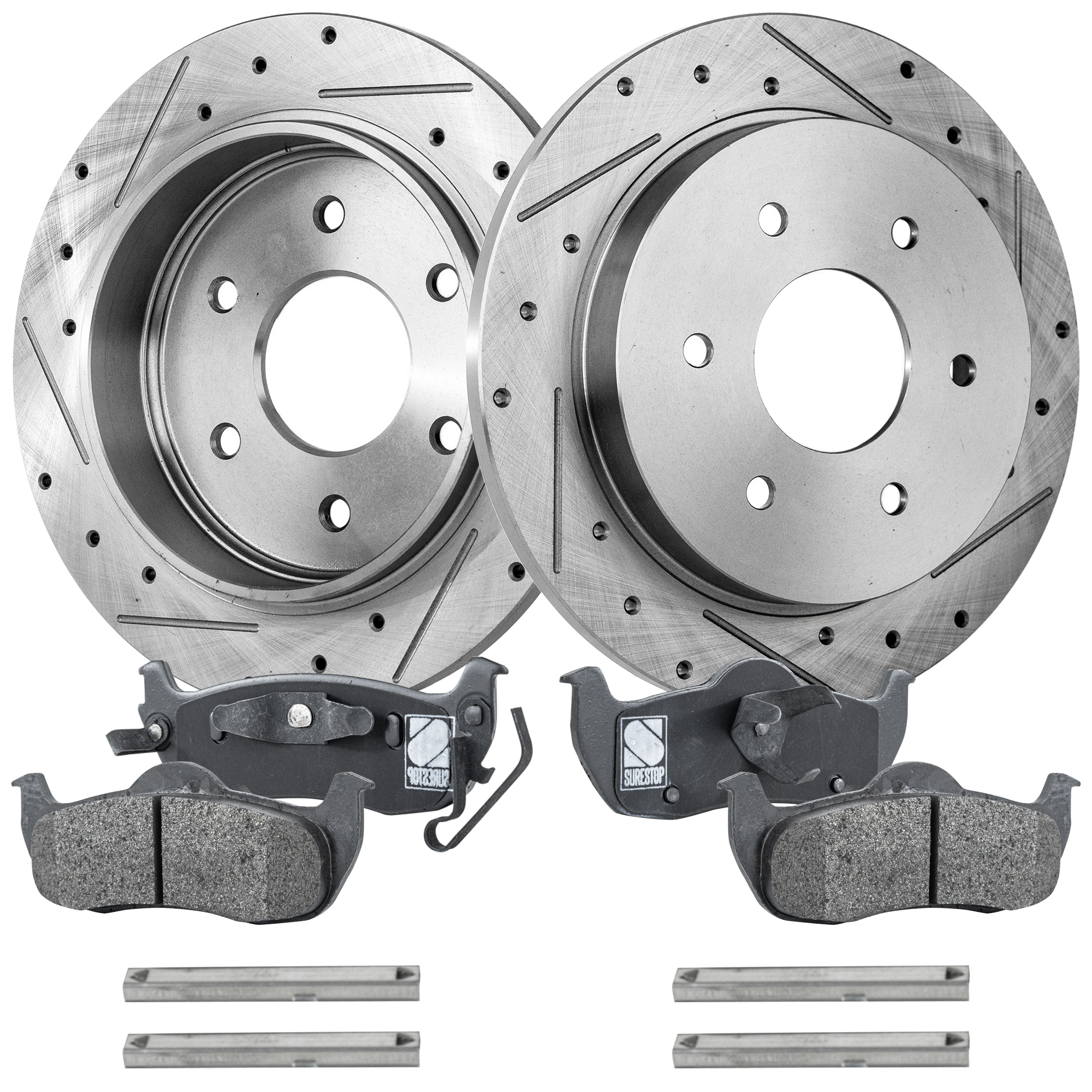 AM ARMADA 05-15 TITAN 04-15 QX56-04-10 REAR BRAKE DISC AND PAD KIT 4 pc Kit Cross drilled and Slotted SKU KIT 020123-16 OEM 31329-145475-0833011-980198-48