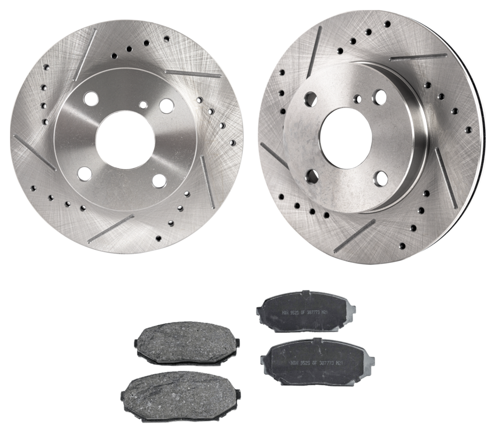 AM MIATA 91-93 FRONT BRAKE DISC AND PAD KIT 4 pc kit Cross drilled and Slotted Vented 4 Lugs SKU KIT 020123-20 OEM 366-3299-25406-86213-96213-106