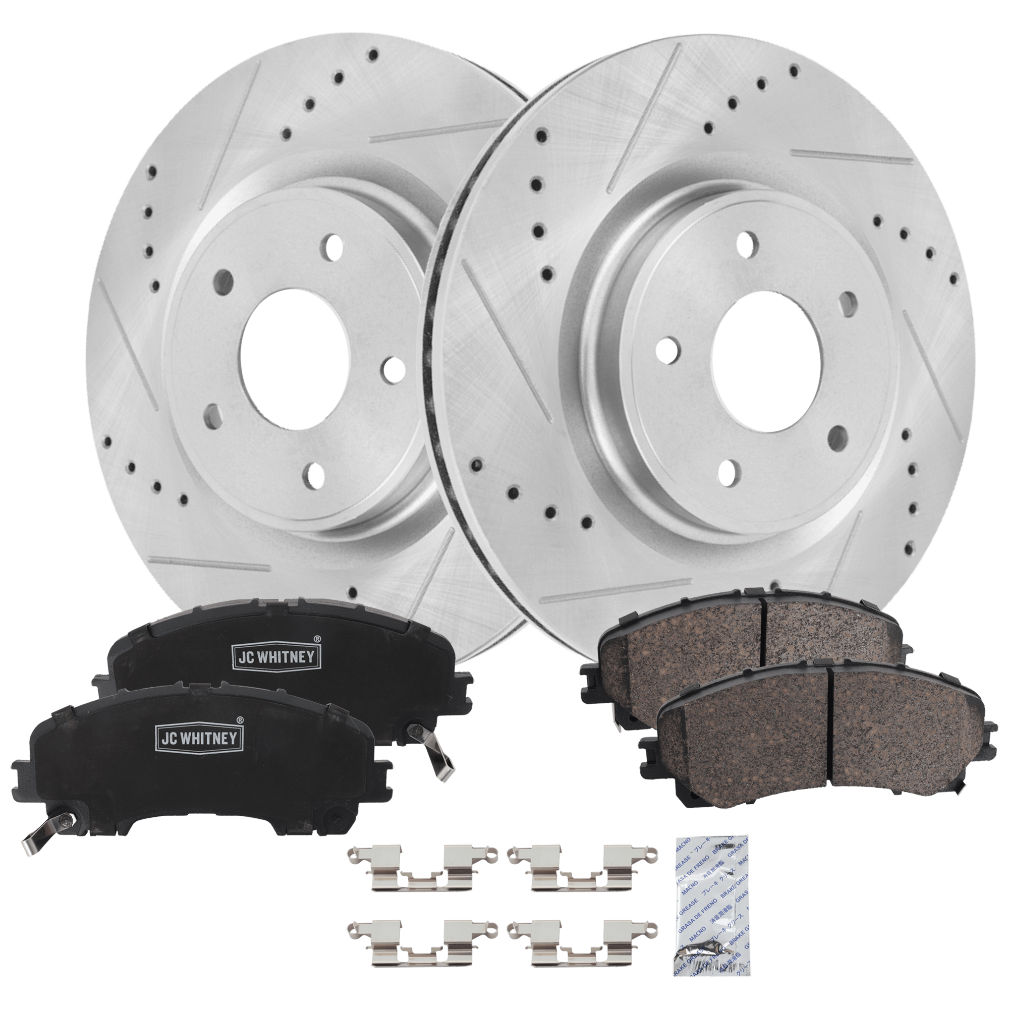 AM Q50-14-23 Q60-17-22 QX50-16-17 FRONT BRAKE DISC AND PAD KIT 4 pc Kit Cross drilled and Slotted SKU KIT 020123-25 OEM 44765-0833566-850356-60067105