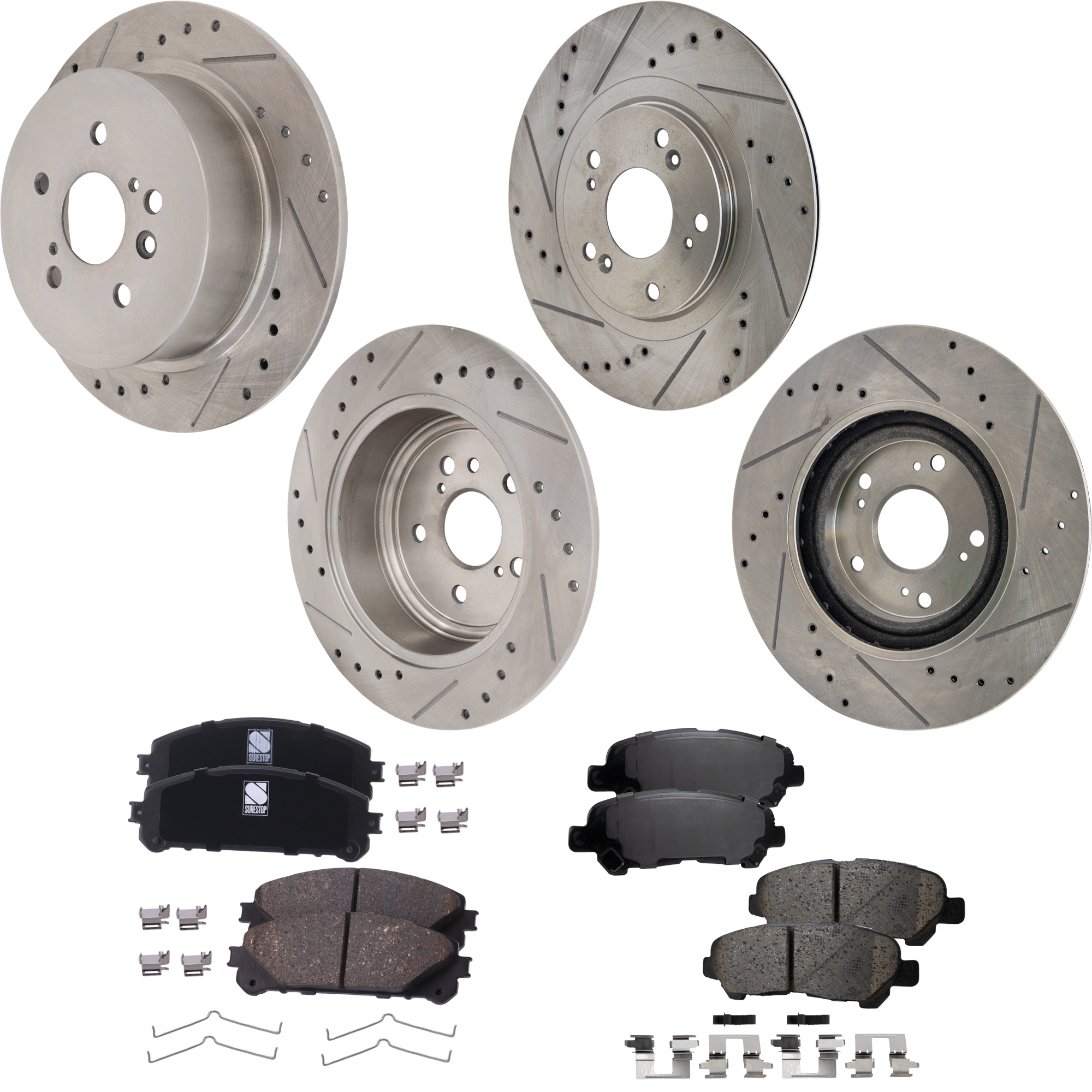 AM HIGHLANDER 08-13 FRONT AND REAR BRAKE DISC AND PAD KIT 8 pc kit Cross drilled and Slotted SKU KIT 020123-33 OEM 44607-0833311-850021-900566-60