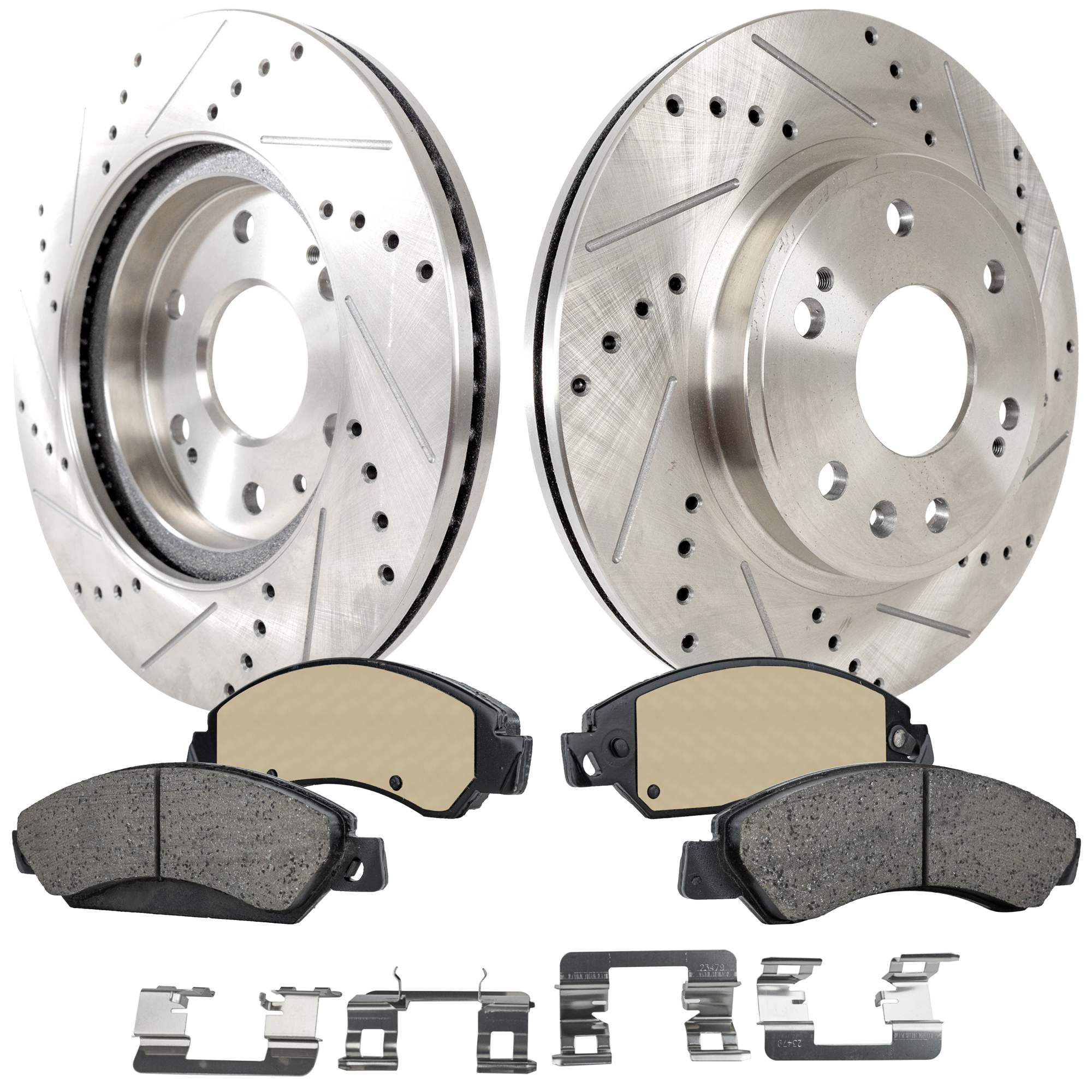 AM TAHOE 07-08 FRONT BRAKE DISC AND PAD KIT 4 pc Kit Cross drilled and Slotted SKU KIT 020123-37 OEM 41252-55097-55170-72043-145582