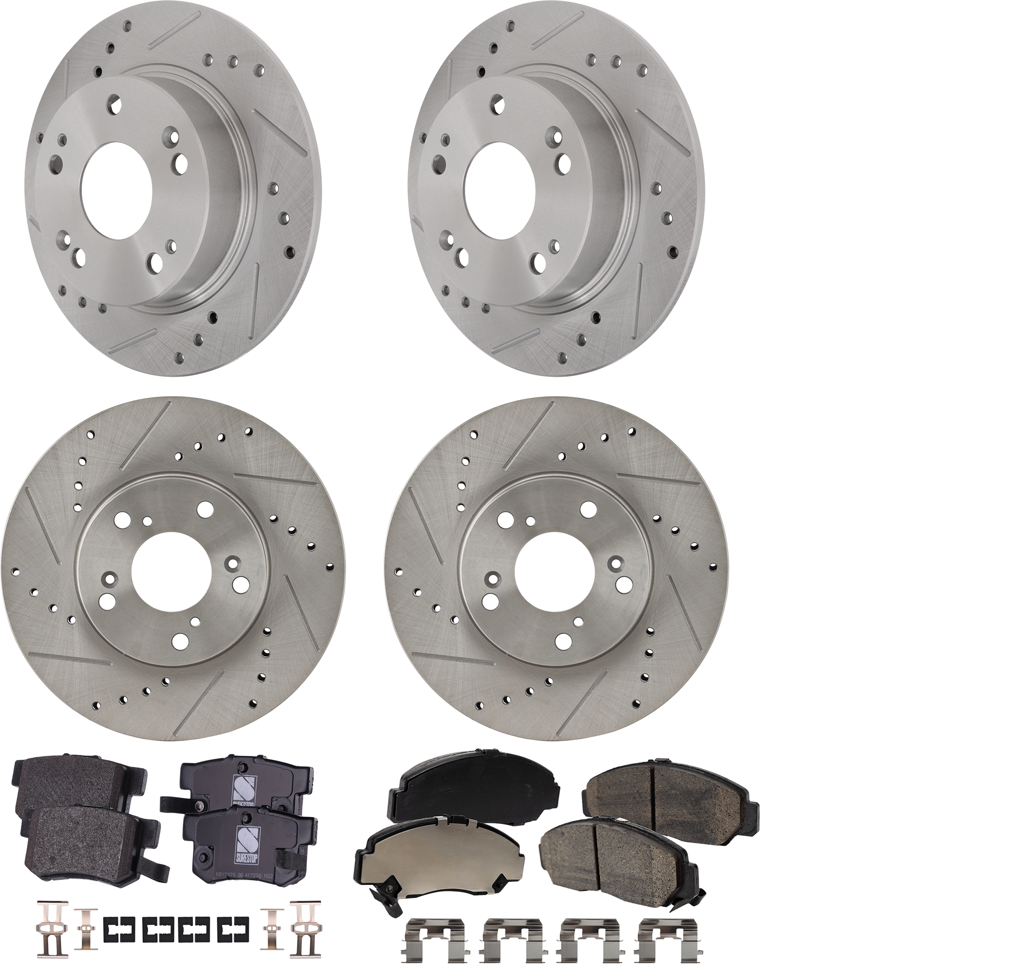 AM ACCORD 03-07 FRONT AND REAR BRAKE DISC AND PAD KIT 4 Wheel Set Cross drilled and Slotted Transaxle Auto Trans SKU KIT 020123-38 OEM 19342-31315-145405-0832932