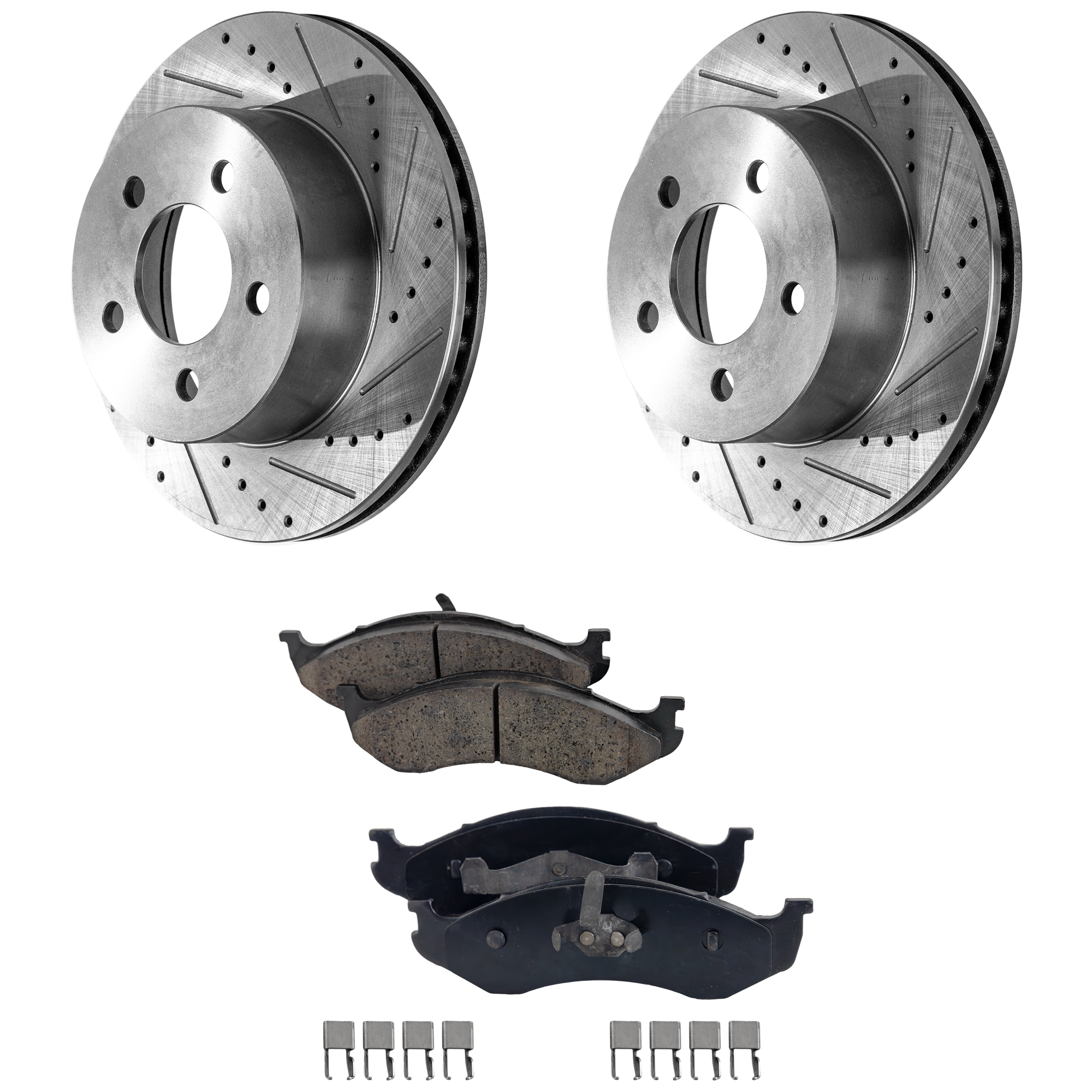 AM CHEROKEE 99-01 WRANGLER 99-06 FRONT BRAKE DISC AND PAD KIT Cross drilled and Slotted 4 pc kit SKU KIT 020223-04 OEM 5396-19906-76923-105111-145276