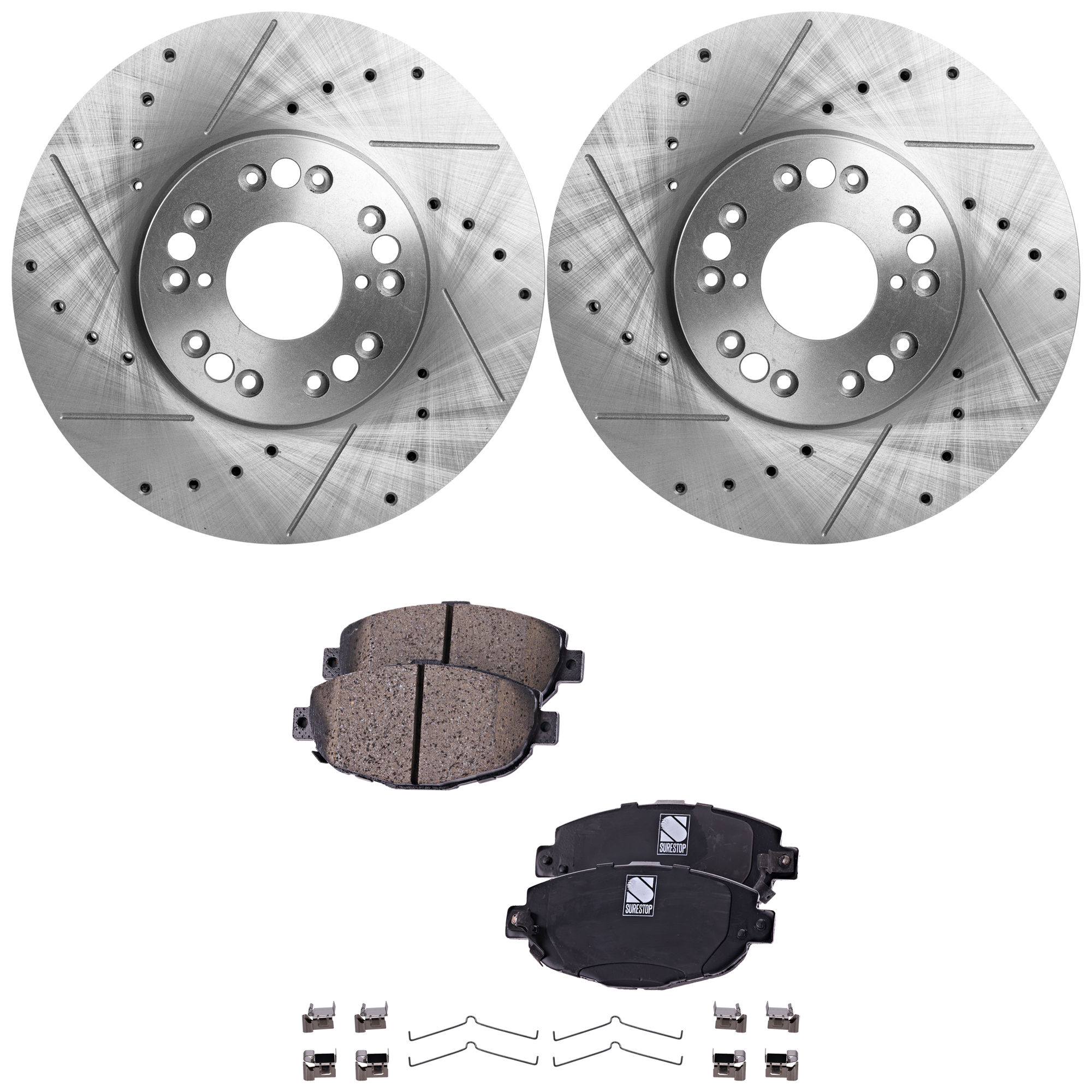 AM SC300-99-00 SC400-96-00 FRONT BRAKE DISC AND PAD KIT Cross drilled and Slotted 2 Wheel Set SKU KIT 020223-11 OEM 1257-31118-31172-31478-44700-8