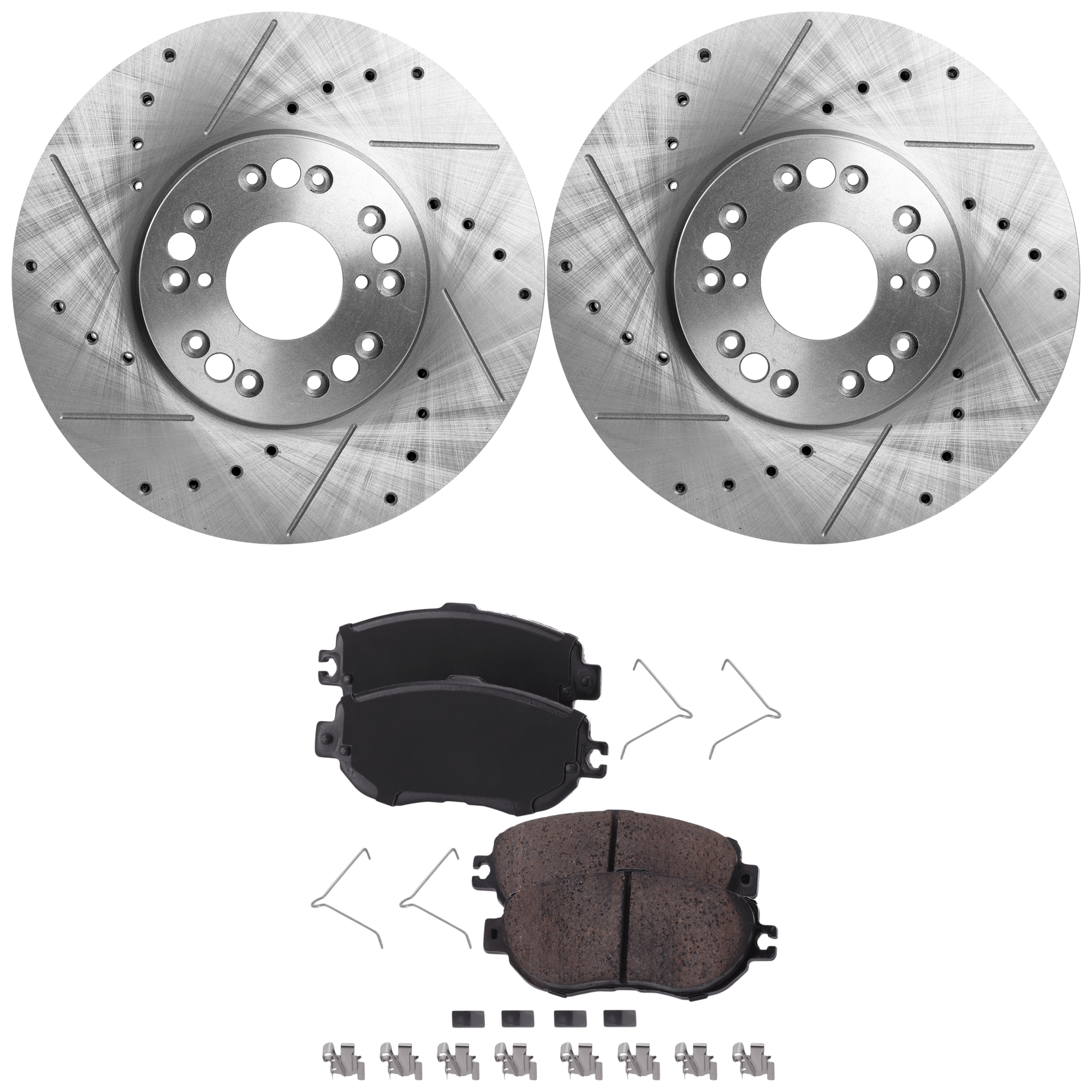 AM LS400-93-94 FRONT BRAKE DISC AND PAD KIT Cross drilled and Slotted 2 Wheel Set SKU KIT 020223-12 OEM 1257-31118-31172-31478-44700-8