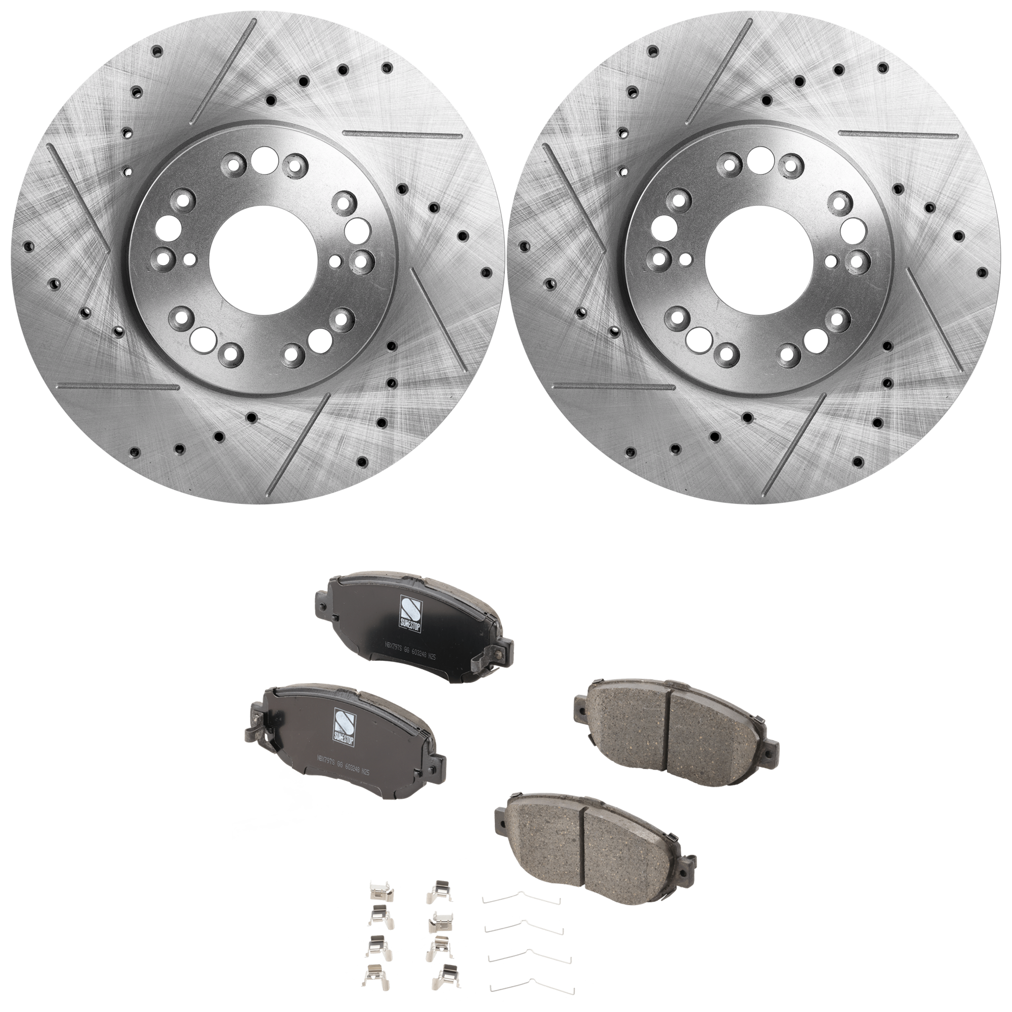 AM GS300-93-05 SC430-03-10 FRONT BRAKE DISC AND PAD KIT Cross drilled and Slotted 4 pc kit SKU KIT 020223-13 OEM 1257-31118-31172-31478-44700-8