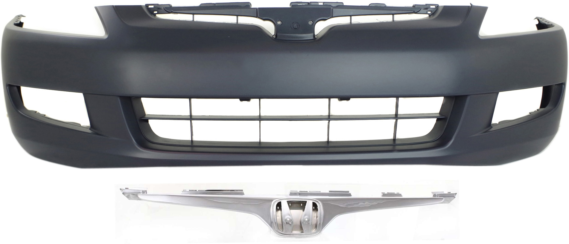 AM ACCORD 03-05 FRONT BUMPER COVER 2 pc Kit Primed w Fog Light Holes w o parking aid sensor holes with Grille SKU KIT 020418-08 Partslink HO1000212 HO1200161 OEM 04711SDPA90ZZ Performance