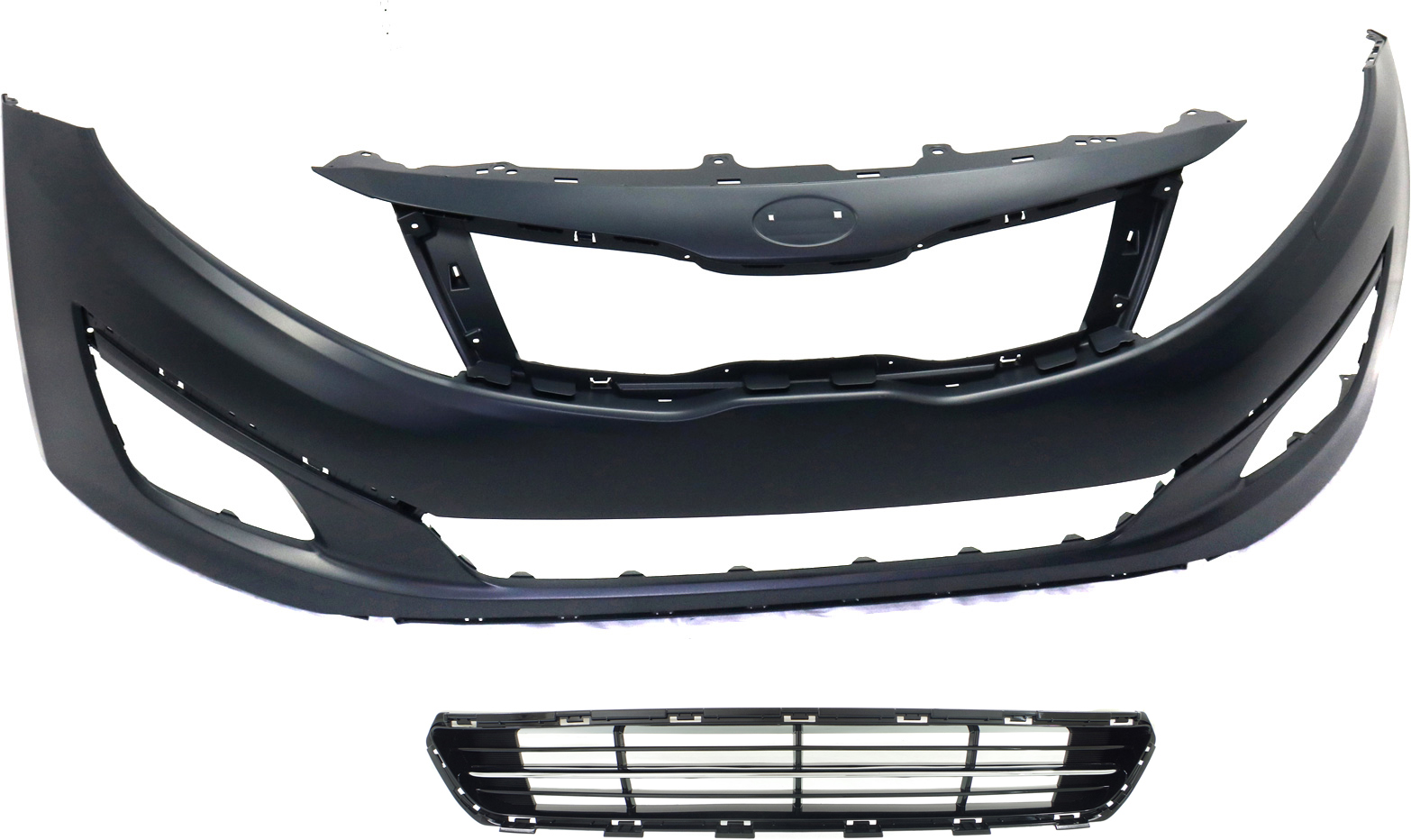 AM OPTIMA 14-15 FRONT BUMPER COVER Primed w Fog Light Holes 2 pc Kit with Bumper Grille SKU KIT 020418-119 Partslink KI1000168 KI1036120 OEM 865114C500-865614C700