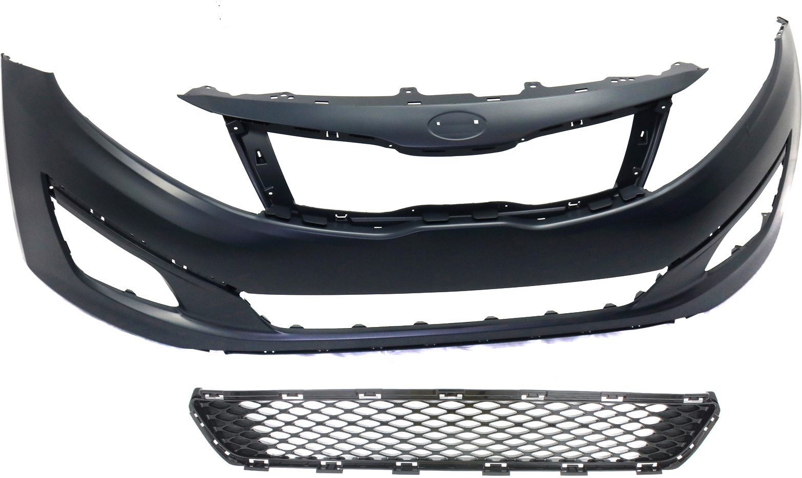 AM OPTIMA 14-15 FRONT BUMPER COVER Primed w Fog Light Holes 2 pc Kit with Bumper Grille SKU KIT 020418-120 Partslink KI1000168 KI1036122 OEM 865114C500-865614C500