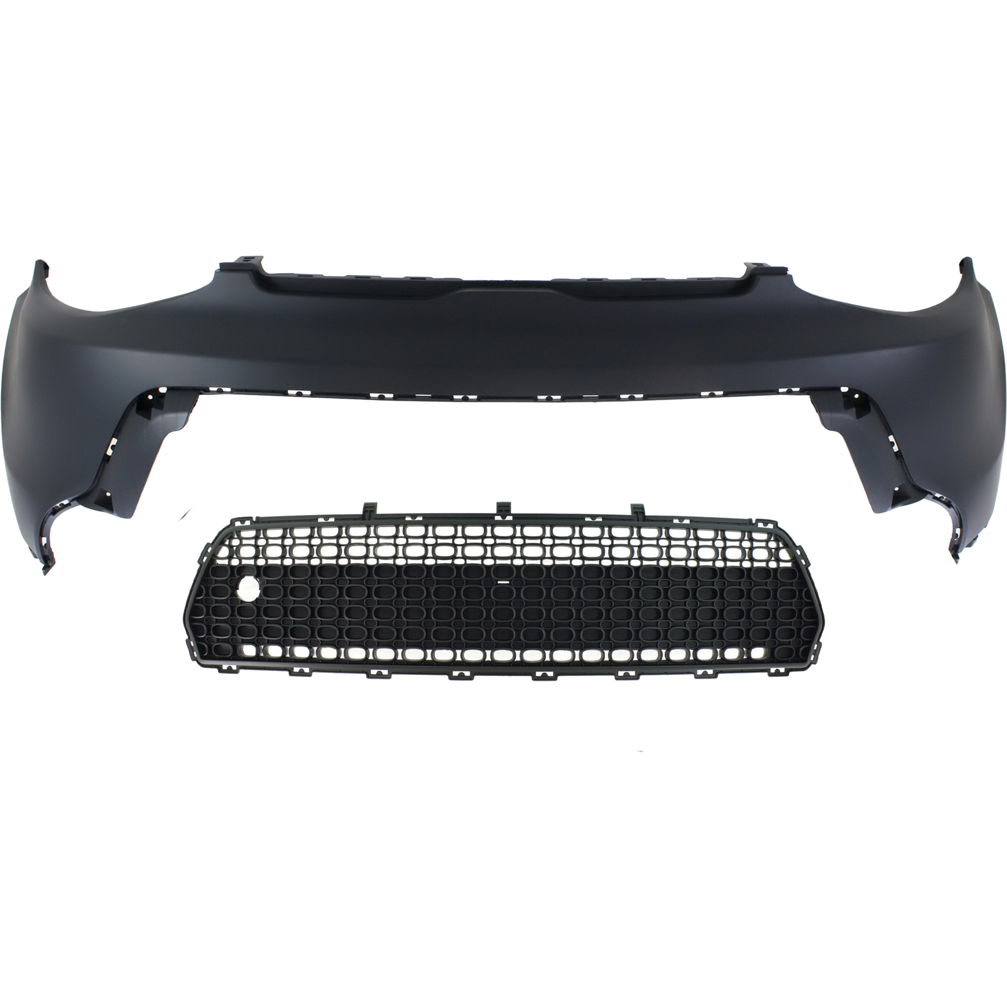AM SOUL 14-16 FRONT BUMPER COVER Upper Primed w o Fog Light Holes 2 pc Kit with Bumper Grille SKU KIT 020418-123 Partslink KI1014100 KI1036119 OEM 86511B2000-86561B2000