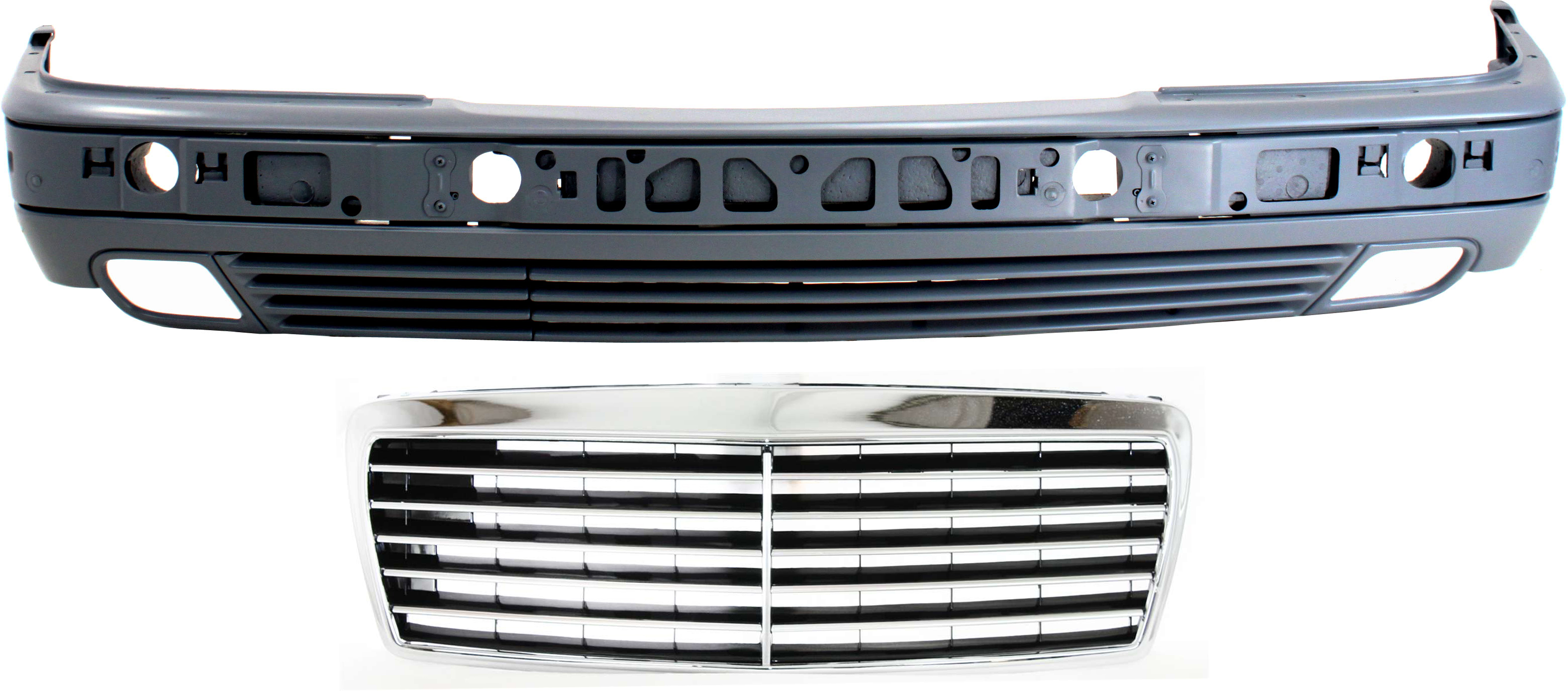 AM E320-96-99 E430-98-99 FRONT BUMPER COVER Primed 2 pc Kit with Grille SKU KIT 020418-126 Partslink MB1000116 MB1200106 OEM 2108805870-2108800483