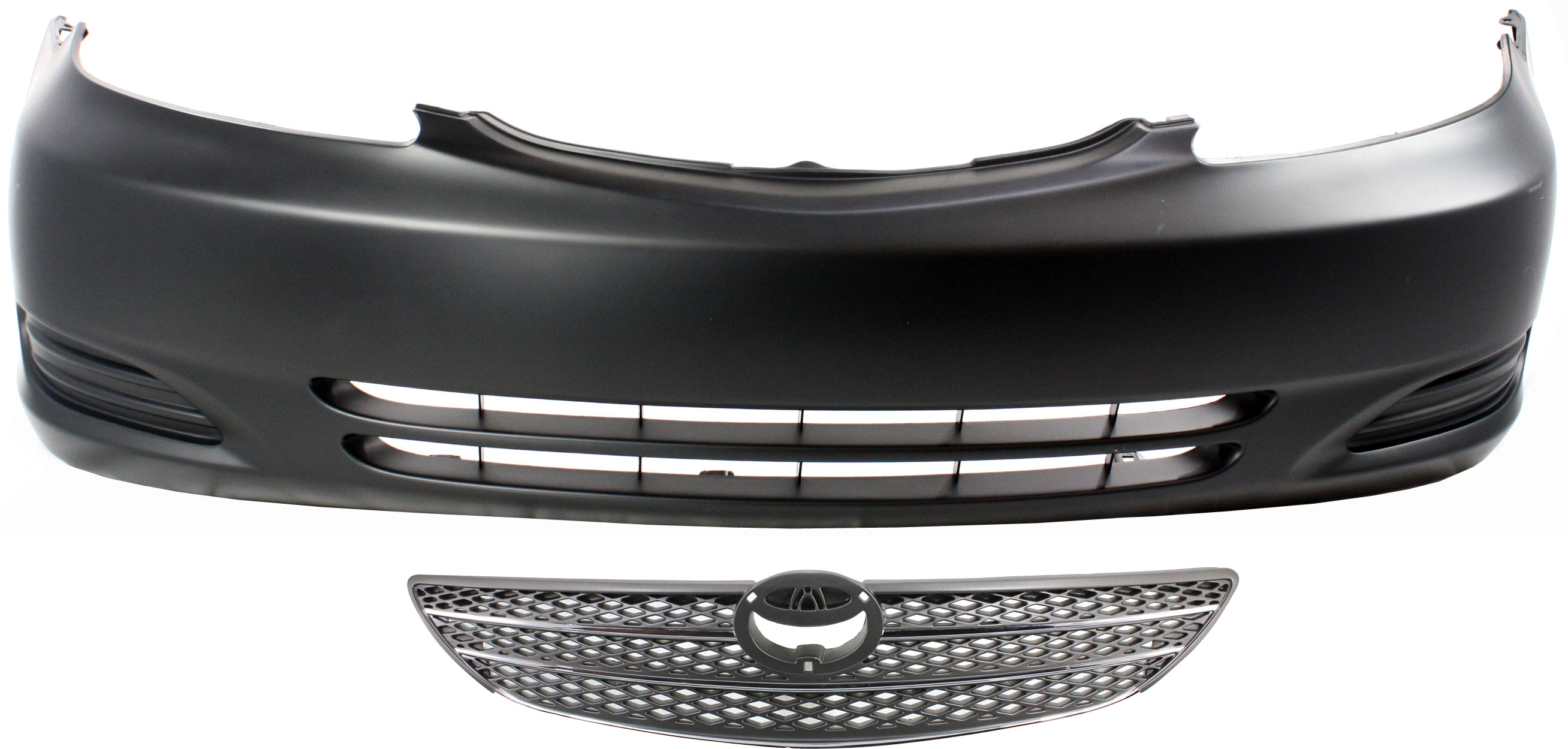 AM CAMRY 02-04 FRONT BUMPER COVER Primed w o Fog Light Holes 2 pc Kit with Grille SKU KIT 020418-144 Partslink TO1000230 TO1200233 OEM 52119AA904-53101AA020
