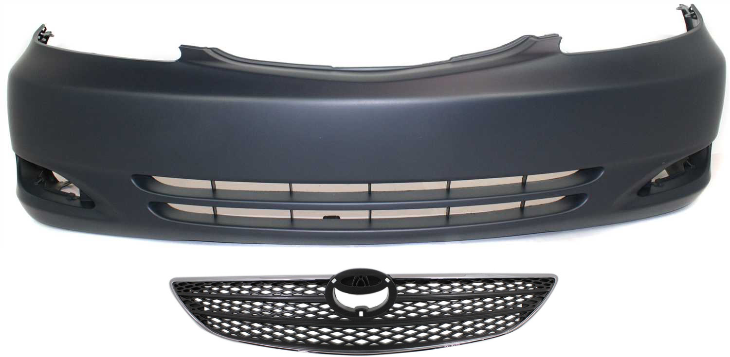 AM CAMRY 02-04 FRONT BUMPER COVER Primed w Fog Light Holes 2 pc Kit with Grille SKU KIT 020418-145 Partslink TO1000231 TO1200237 OEM 52119AA905-53101AA030
