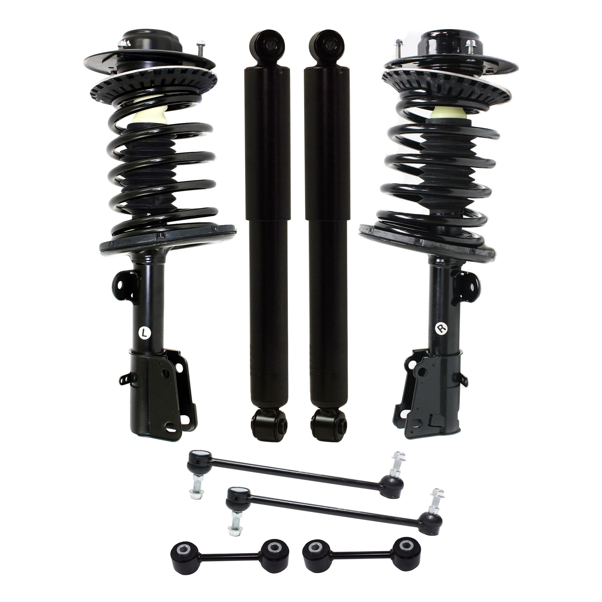 AM TOWN COUNTRY CARAVAN GRAND CARAVAN 01-07 FRONT AND REAR SUSPENSION KIT RH AND LH 8 pc kit with Loaded Struts Shock Absorbers and Sway Bar Links SKU KIT 020421-03-11 OEM 5066336AA 4684681AB 4684682-50