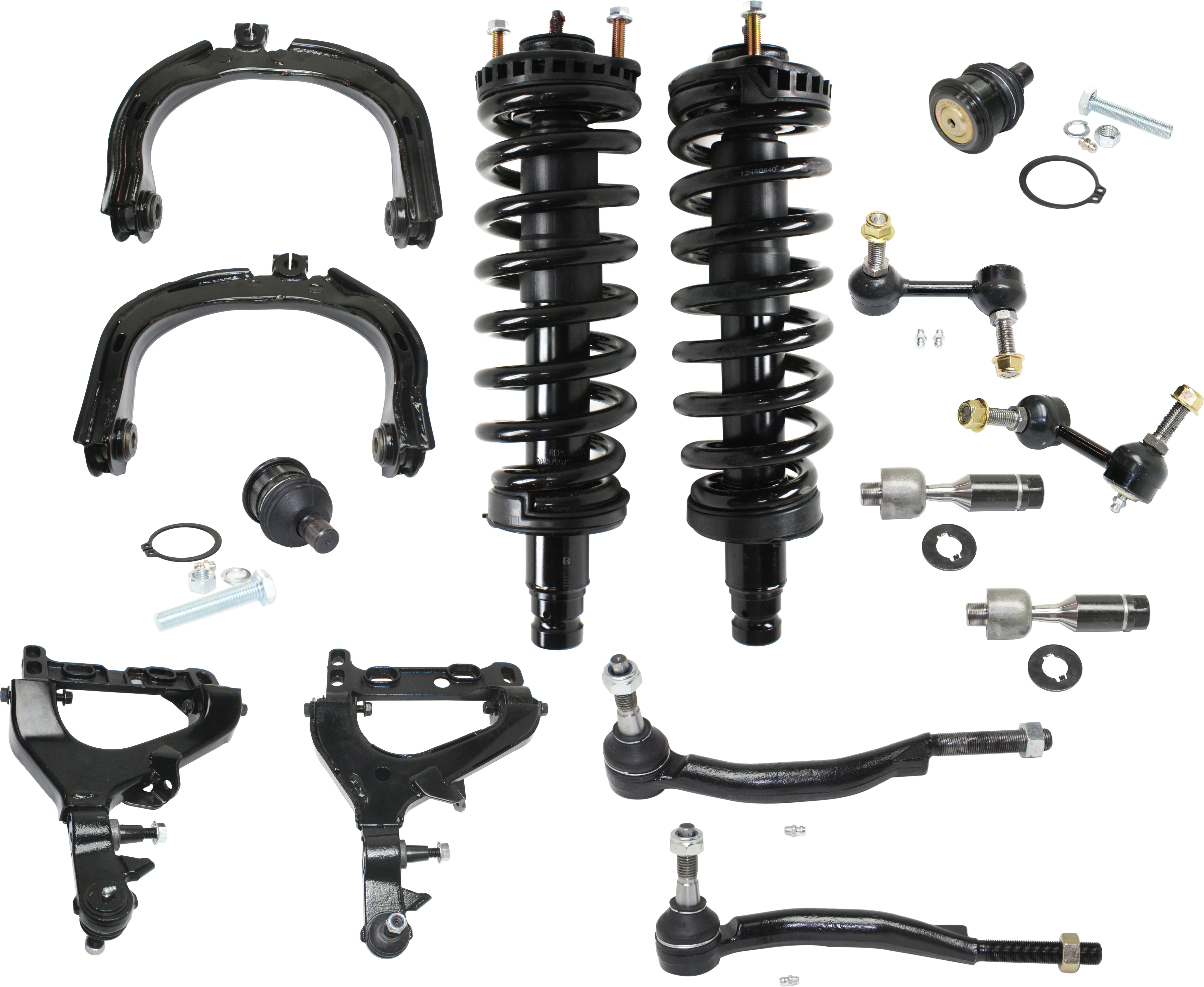 AM BRAVADA ENVOY TRAILBLAZER 02-03 FRONT CONTROL ARM KIT RH AND LH Upper and Lower 14 pc kit with Ball Joints Control Amrs Loaded Struts Sway Bar Links and Tie Rod Ends SKU KIT 020421-03-13 OEM 104332-1017701-2601559-5001