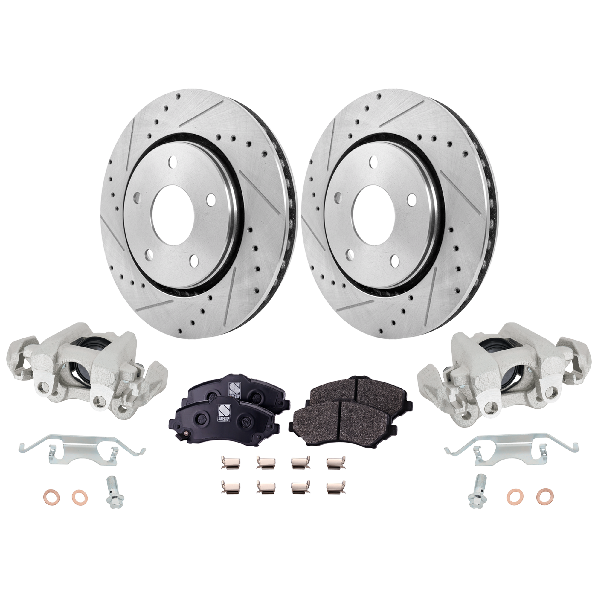 AM JOURNEY 09-12 FRONT BRAKE KIT WITH CALIPERS 2 Wheel Set Includes 2 Brake Caliper 2 Brake Disc and 1 Brake Pad Set Cross drilled and Slotted 5 Lugs Semi Metallic SKU KIT 020525-07 OEM 19301-43166-43537-53051-53052